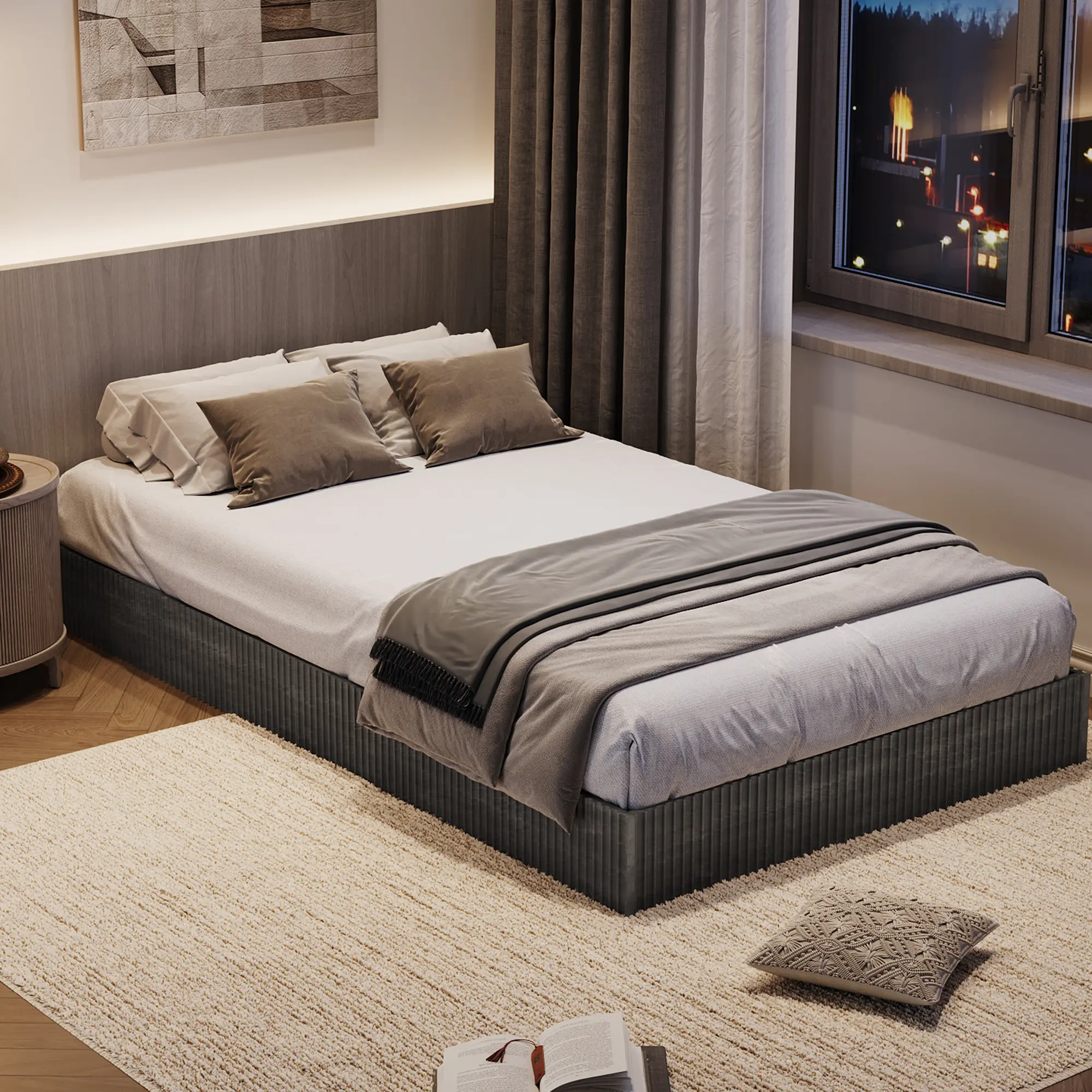 Twin Size Bed Frame, Wood Platform Bed, Fluted Bed Frame, Minimalist Bed Base with Low Profile Design, Noise-Free, Easy Assembly, No Box Spring Needed