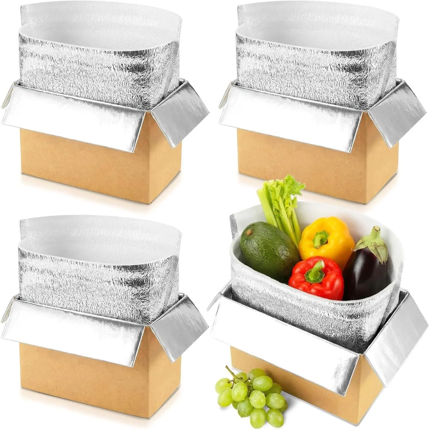 4 Pack Insulated Shipping Boxes with Foil Liner Bags, Reusable Thermal Cooler Mailing Cartons for Cold Pack Shipping, Hot & Frozen Food Delivery, 8''x5''x6''