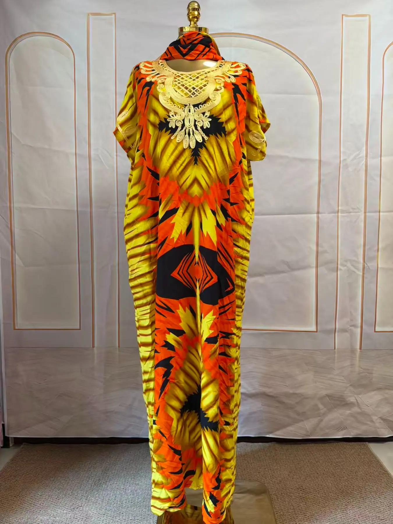 African Ethnic Print Kaftan Maxi Dress Women Gold Embroidery Collar Loose Oversized Casual Elegant Caftan Beach Cover Up Vacation Long Dress