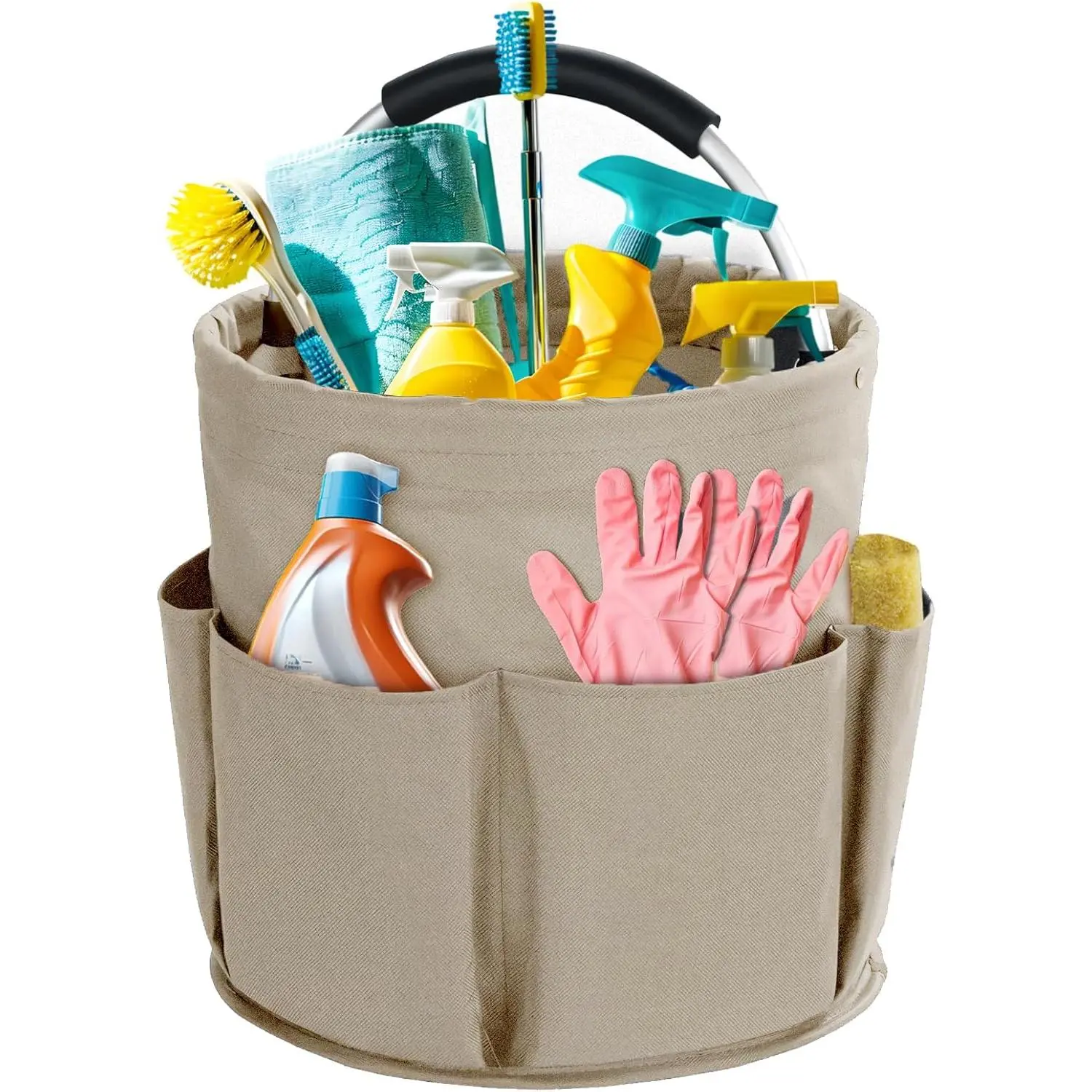 Black & White Foldable Cleaning Caddy with Handle, 17L Large Capacity Cleaning Organizer Basket, Portable Multi-Purpose Storage Bucket Bag, Heavy-Duty Cleaning Supplies Caddy for Home, Garden, Bathroom and Outdoor Cleaning