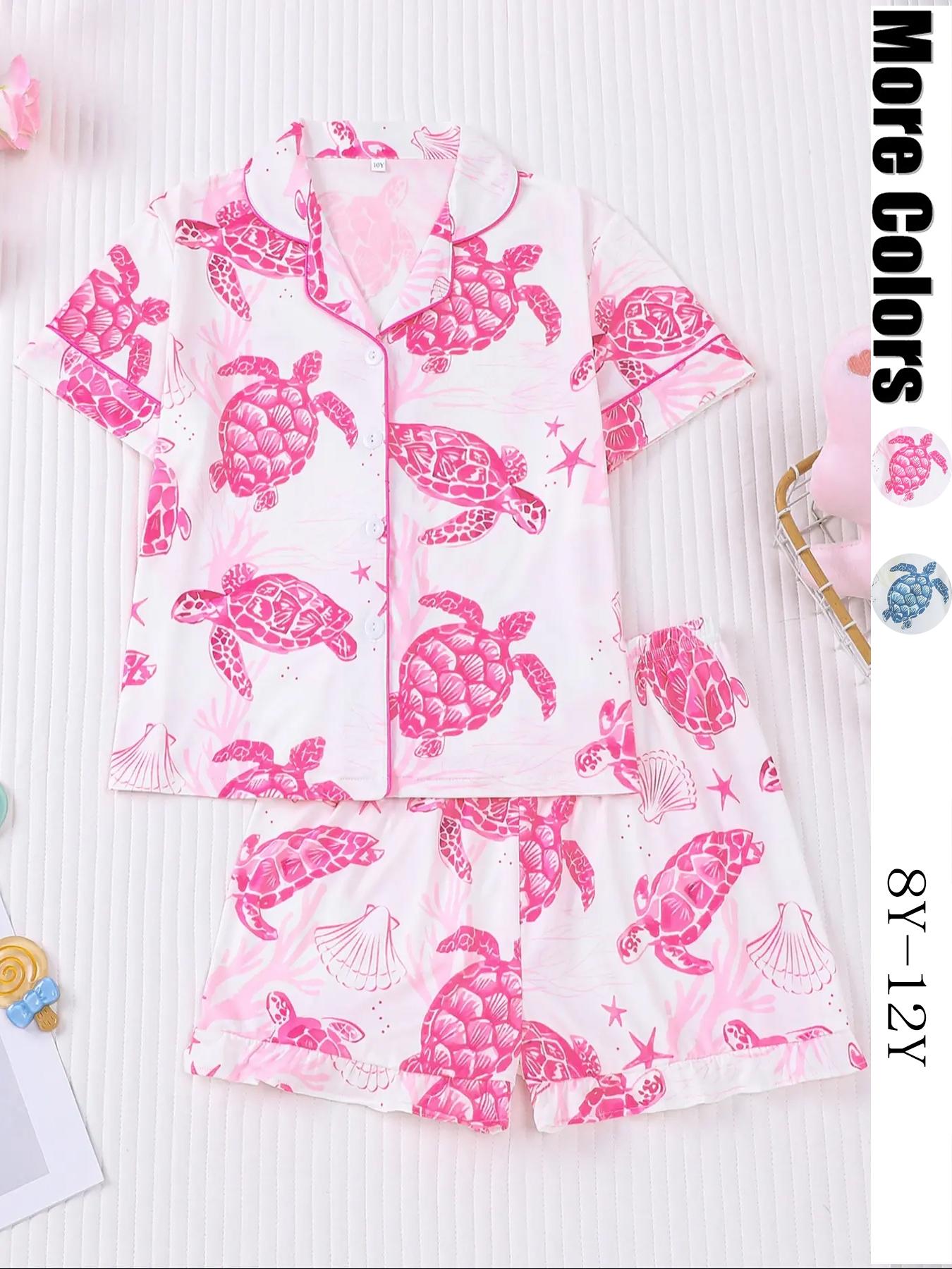 Kids Cartoon Star Turtle Print Pajama Two-piece Set, Cute Comfy Short Sleeve Lapel Neck Pj Set, Kids Sleepwear for All Seasons, Sleepwear Pajamas