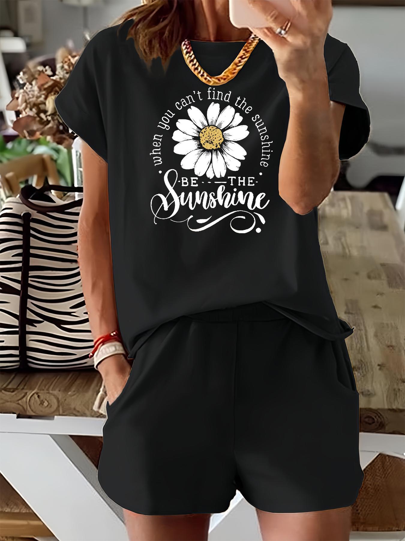 Women's Floral & Letter Print Two-piece Set, Casual Fitted Short Sleeve Tee & Elastic Waist Shorts Set, Ladies Summer Outfits for Daily Wear