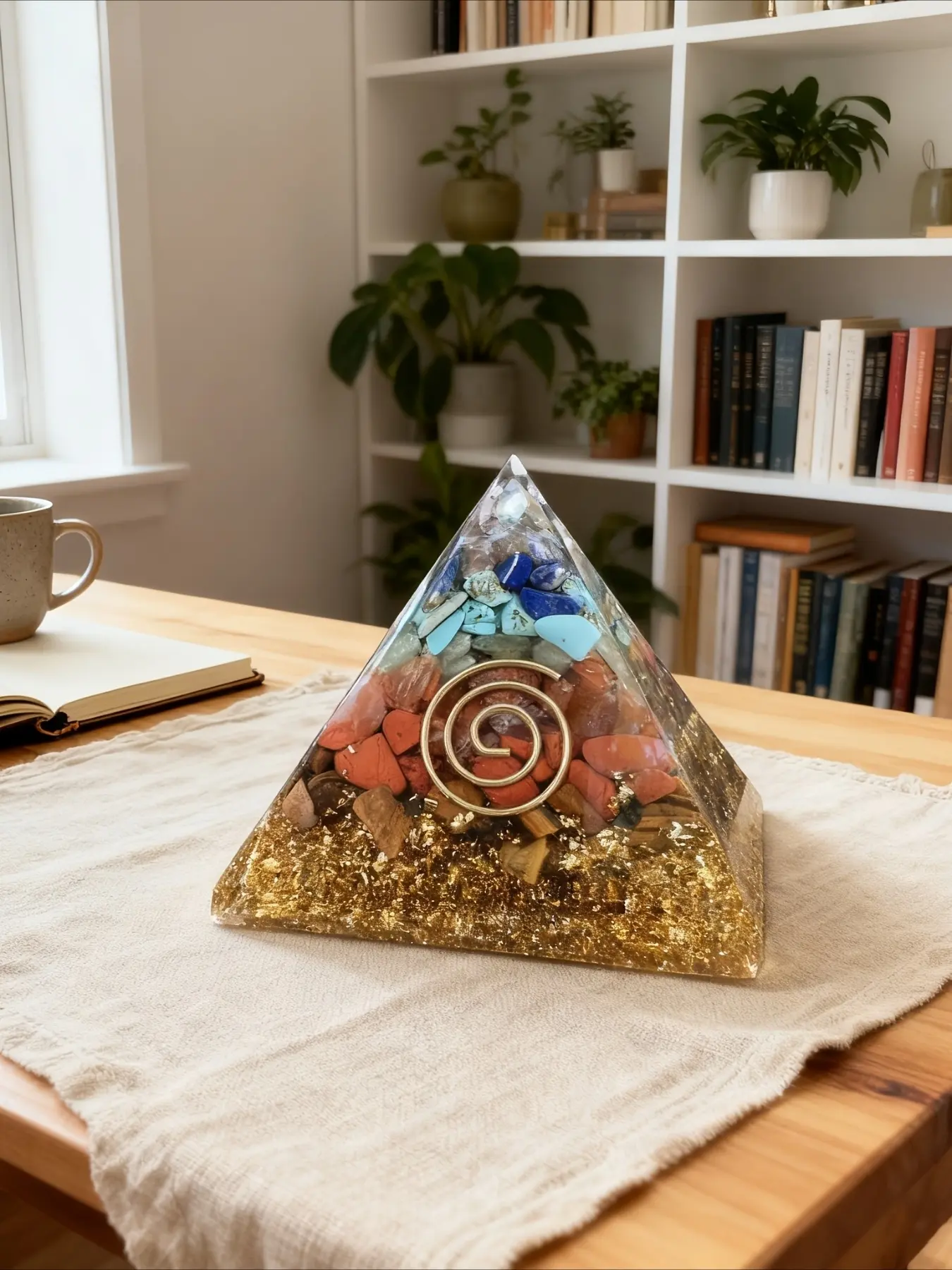 Seven Chakras 2.56inch Large Pyramid Ornament: A Small Treasure of Inspiration for Natural Art Ornaments. This Pyramid Ornament, with Its Colorful Natural Crystal Beauty Paired with Golden Spiral Accents, Offers Design Ideas for Natural Art-style