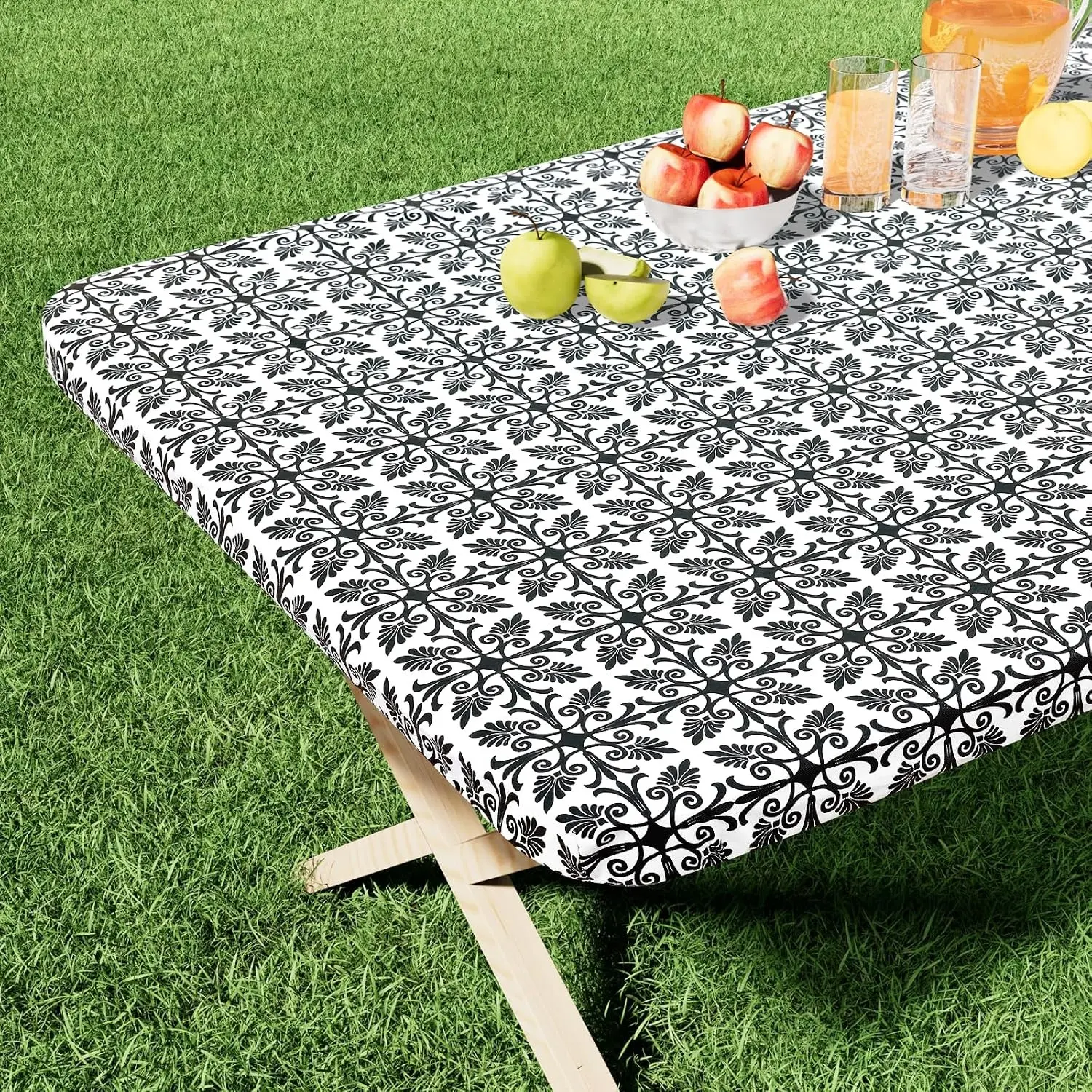 Rectangle Vinyl Table Cloth, Elastic Fitted Flannel Backed Tablecloth, 100% Waterproof Plastic Table Cover Fits 6 Foot Folding Tables for Picnic, Camping, Outdoor (Black, 30" x 72")