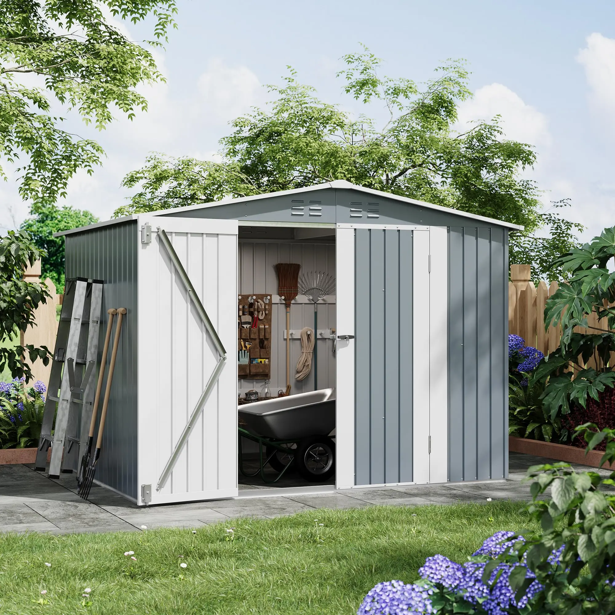 8 x 6 ft Galvanized Metal Outdoor Storage Shed with Lockable Double Doors, Top Vents, Sloped Roof for Backyard Gear