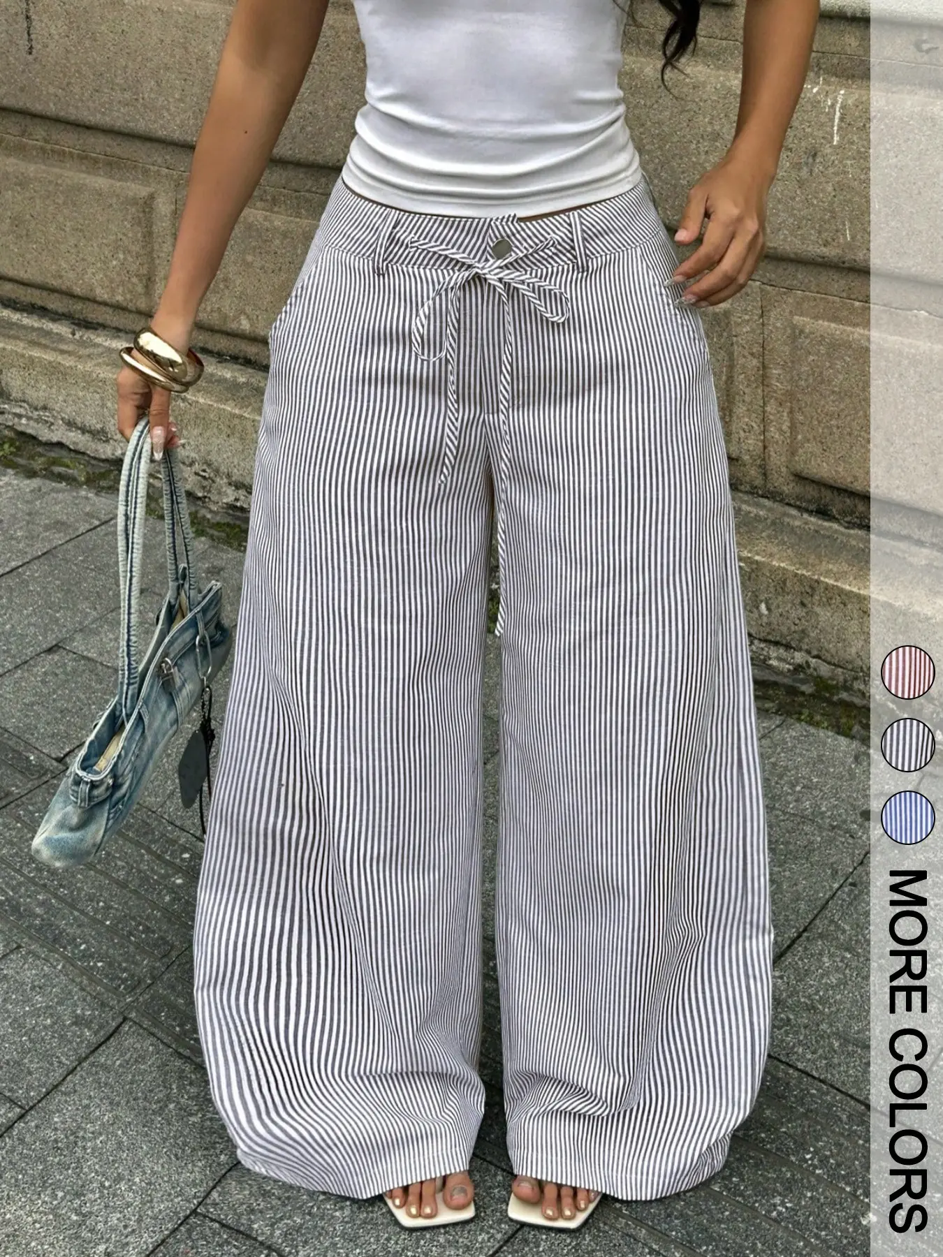 1 Piece Casual Thin Vertical Striped High Waist Drawstring Tie Design Flowy Loose Extra Long Floor-Length Height Enhancing Wide Leg Sweat Pants
