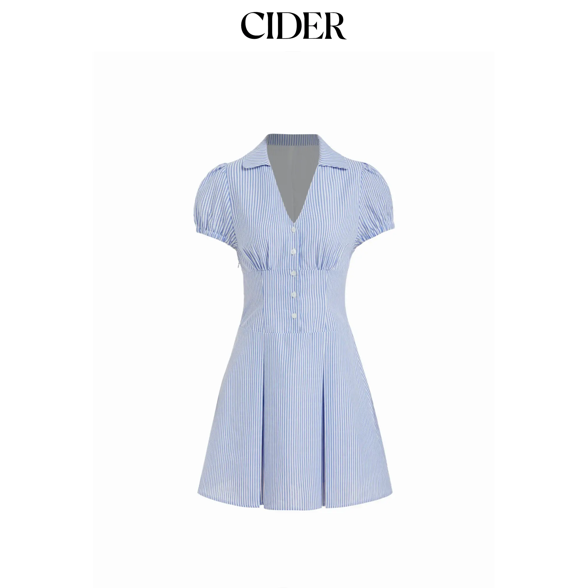 Cider Cotton-Blend Striped Polo Neck Puff Sleeve Shirt Mini Dress SohoChic