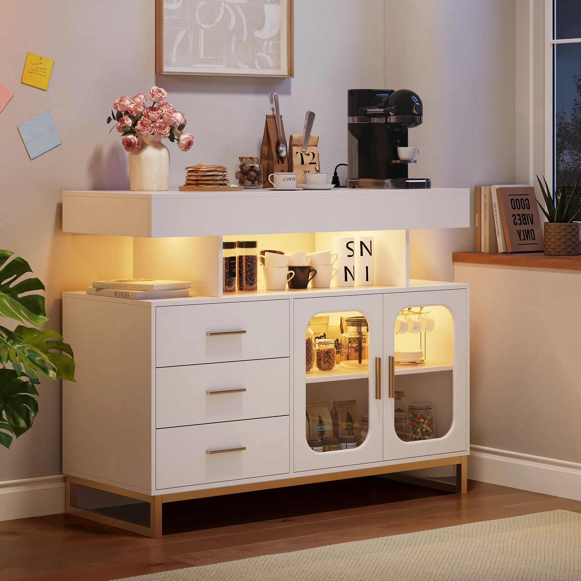Functional Storage Sideboard, Equipped with Auto-Sensing RGB Lights and Charging Station, 3 Drawers & 2 Cabinets for Coffee Bar, US Standard Design for Multiple Home Areas