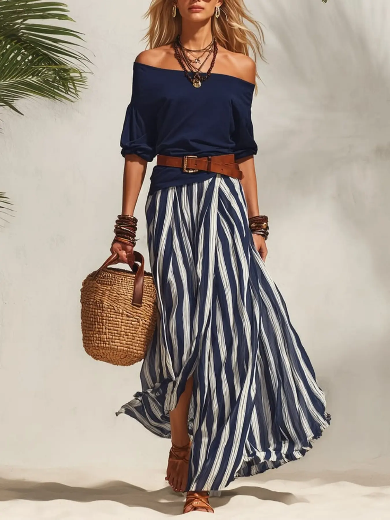 Women's Solid Color One-Shoulder Puff Sleeve Top + Blue Vertical Stripe Split Maxi Skirt Two-Piece Set, Casual Chic Vacation Striped Clothes