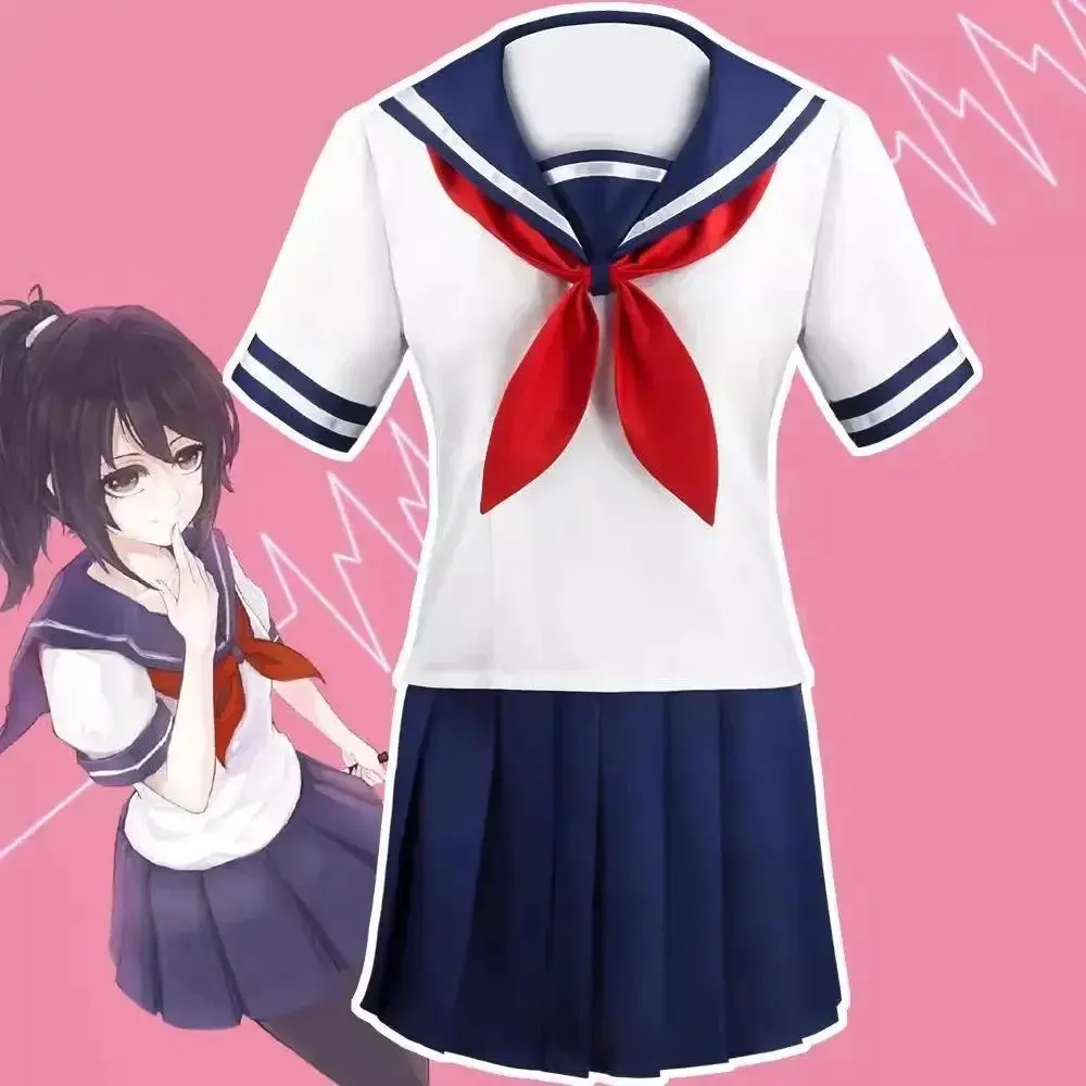 Women's Ayano Aishi Yandere Chan Cartoon Character Cosplay Set - Short Sleeve Collared Neck Sailor High School JK Uniform Costumes for Yandere Look Party Supplies