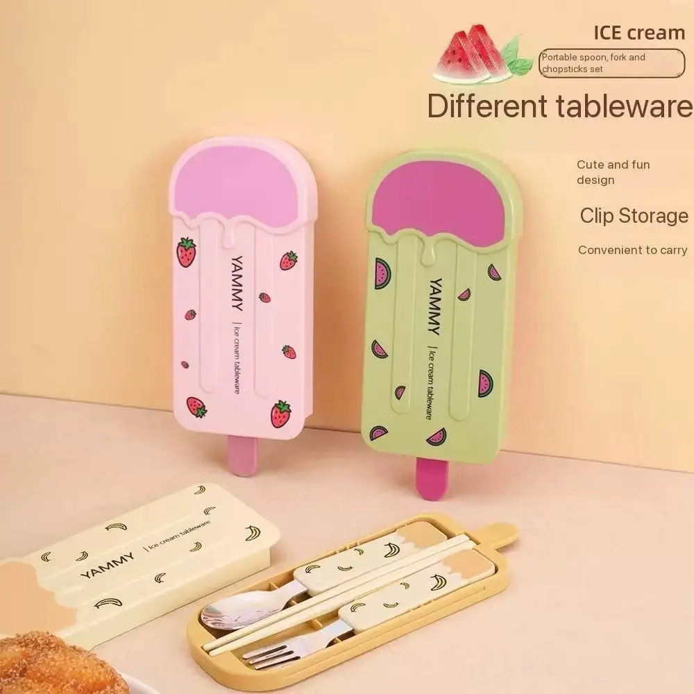 304 Stainless Steel Spoon Fork Chopstick Set, Cute Ice Cream Portable Cutlery, Sweet Dessert Spoon, Fruit Fork, Three-Piece Kit Tableware