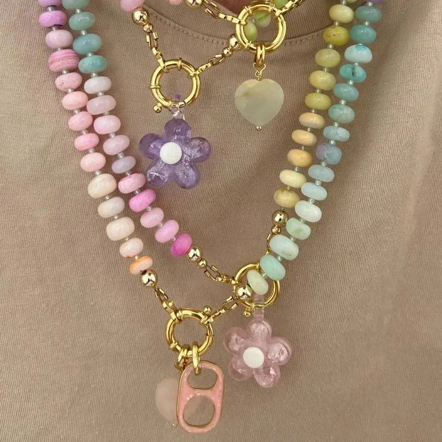 Women's Unisex Beaded Necklaces - Personalized Chain-Link Choker, Colorful Handmade Flower Beads, Custom Name Acrylic Design, Casual Geometric Fashion Accessory, Summer Beach Gift
