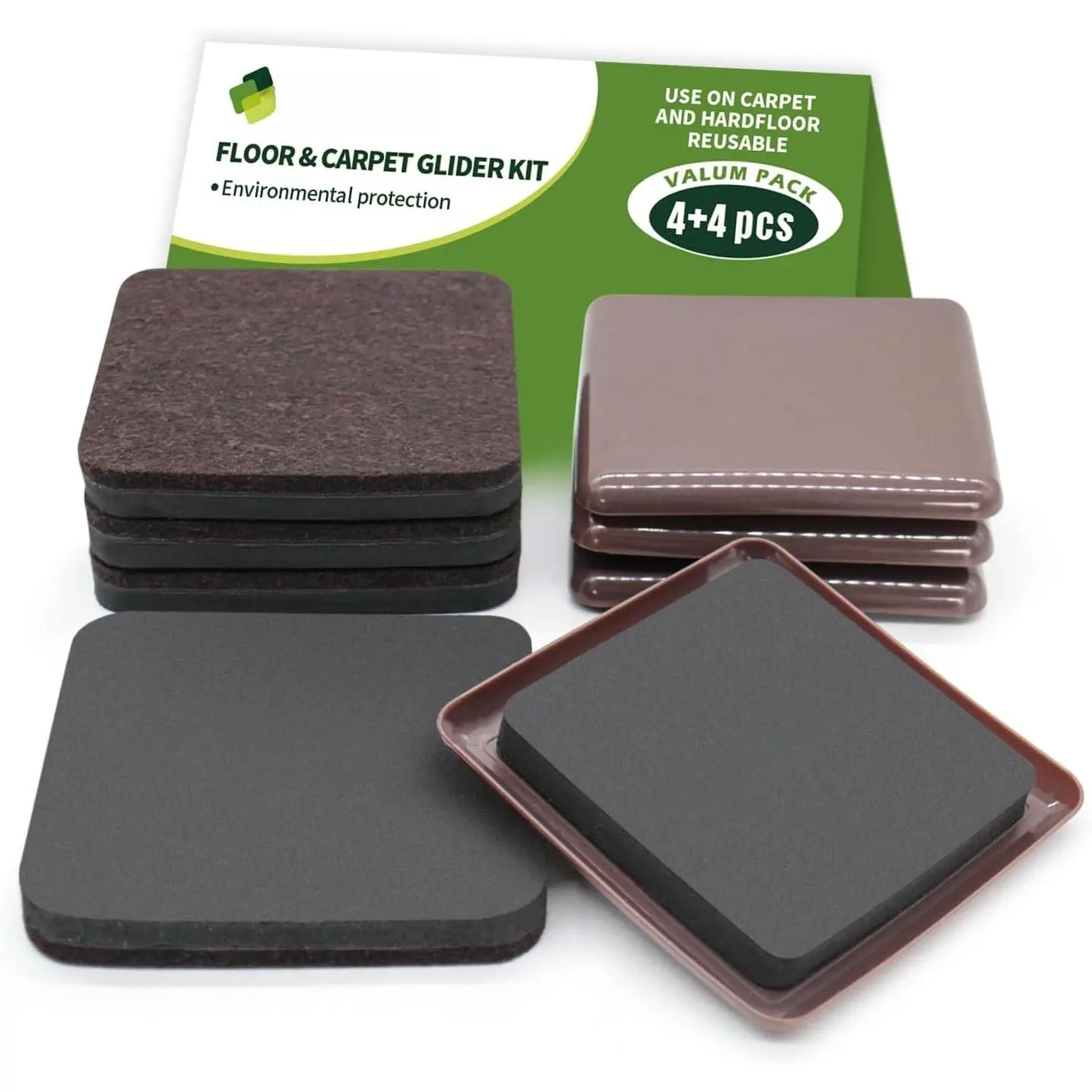 Furniture Sliders for Hardwood Floors, Square Furniture Sliders for Carpet, 8 count 3 1/2 inch Combo Pack, Sliders for Moving Furniture-Brown