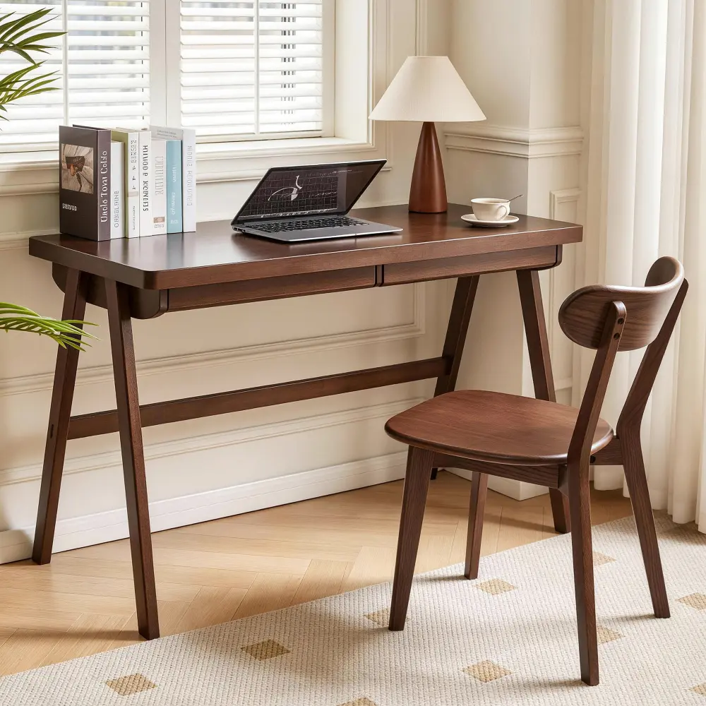 100% Solid Rubber Wood Computer Desk, Retro Walnut Writing Desk with Drawer, Sturdy A-Frame Legs Home Office Desk, 47.24" Large Study Table with 1.38" Extra Thick Desktop, Mid Century Modern Workstation, Wooden Laptop Desk for Bedroom, Office, Apartment