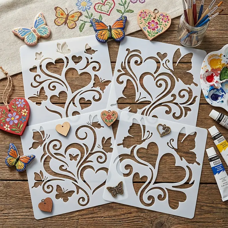4-Piece Reusable Plastic Heart and Butterfly Templates, DIY Painting Stencils, Wall Art, Canvas, Card Making, Furniture Decor