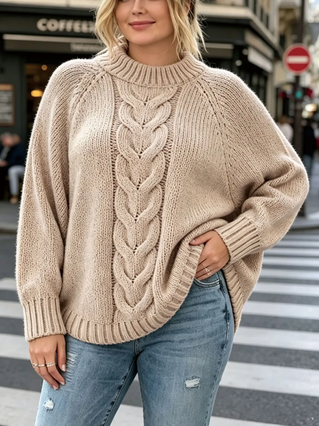 Plus Size Elegant Casual Chic Oatmeal Cable Knit Turtleneck Sweater, Oversized Batwing Long Sleeve Pullover Knitwear for Women, Winter Office Daily Wear
