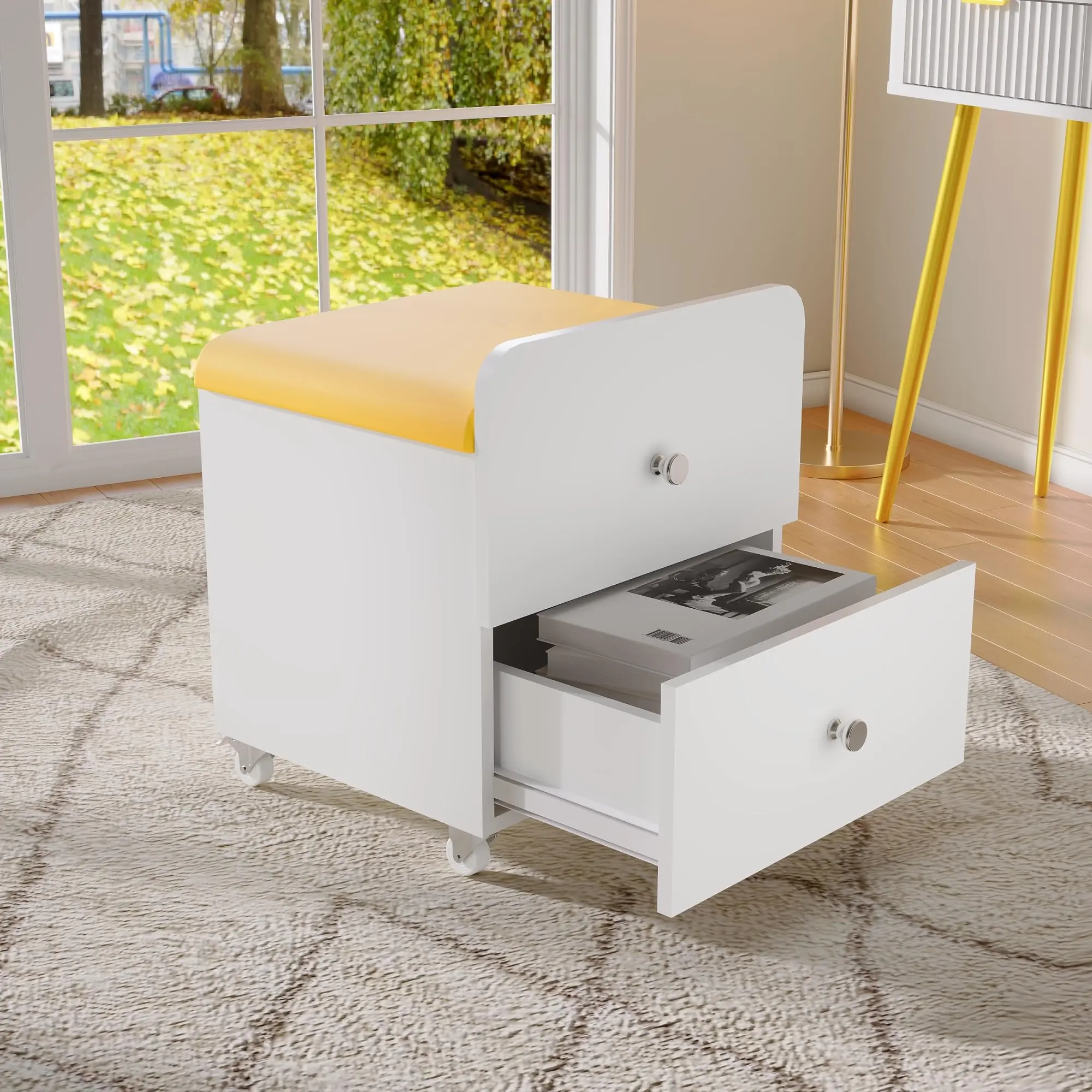 Compact Storage Stool on Wheels - Modern Vanity Chair with Drawer for Bedroom, Indoor-Outdoor Furniture Bench