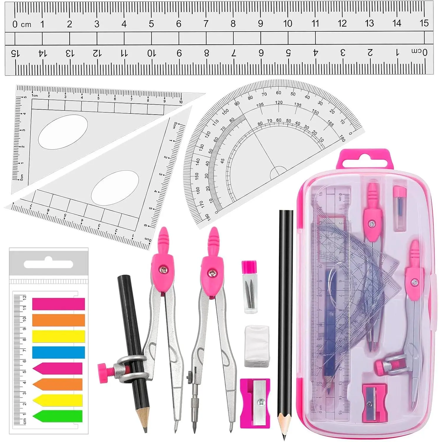 Maths Compasses Full Starter Geometry Kit with 2 Drafting Compasses Protractor 2 Set Squares Ruler Pencil and  for Students Maths Study Homework etc.