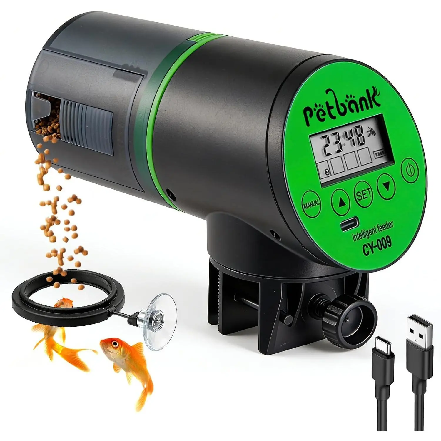 Automatic Aquarium Fish Feeder, Rechargeable Timed Fish Food Dispenser with USB Charging Cable, LCD Display & Custom Feeding Schedule