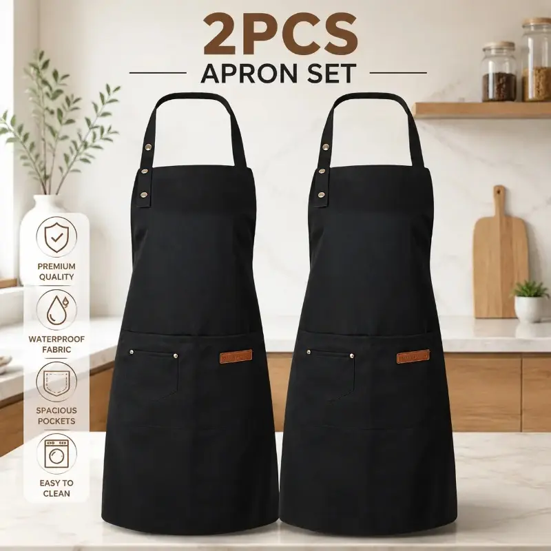 Men & Women's 2-Pack Solid Color Polyester Bib Work Aprons with Dual Pockets, Adjustable Size, Stain-Proof Comfortable Kitchen Aprons, Ideal for Baking & Gifting Set