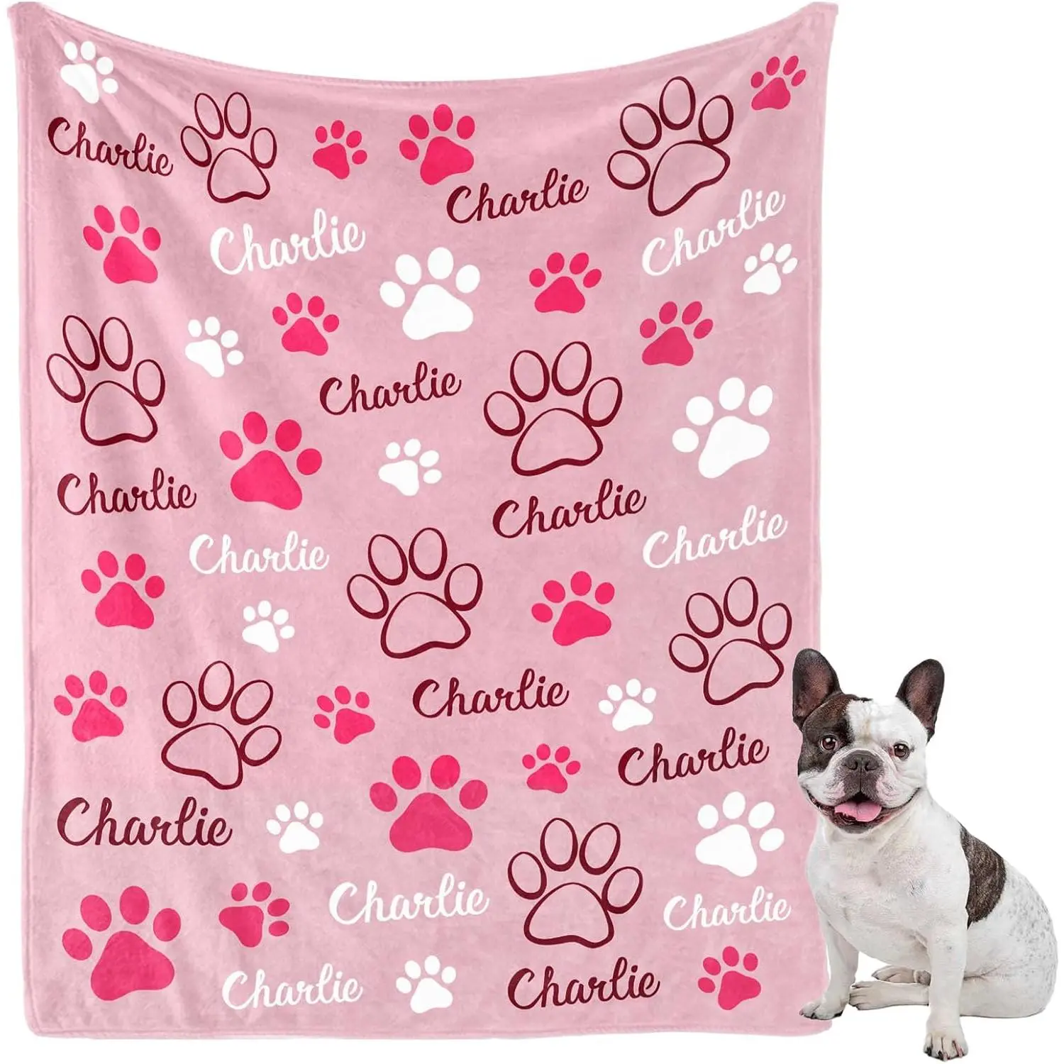 Custom Name Paw Print Blanket, Personalized Pet Memorial Throw Blanket Soft Cozy Flannel Blanket for Cat Dog Lover Girl Soft Pink Cute Puppy Paw Pattern Sofa Bed Home Decor Gift for Birthday Christmas Anniversary