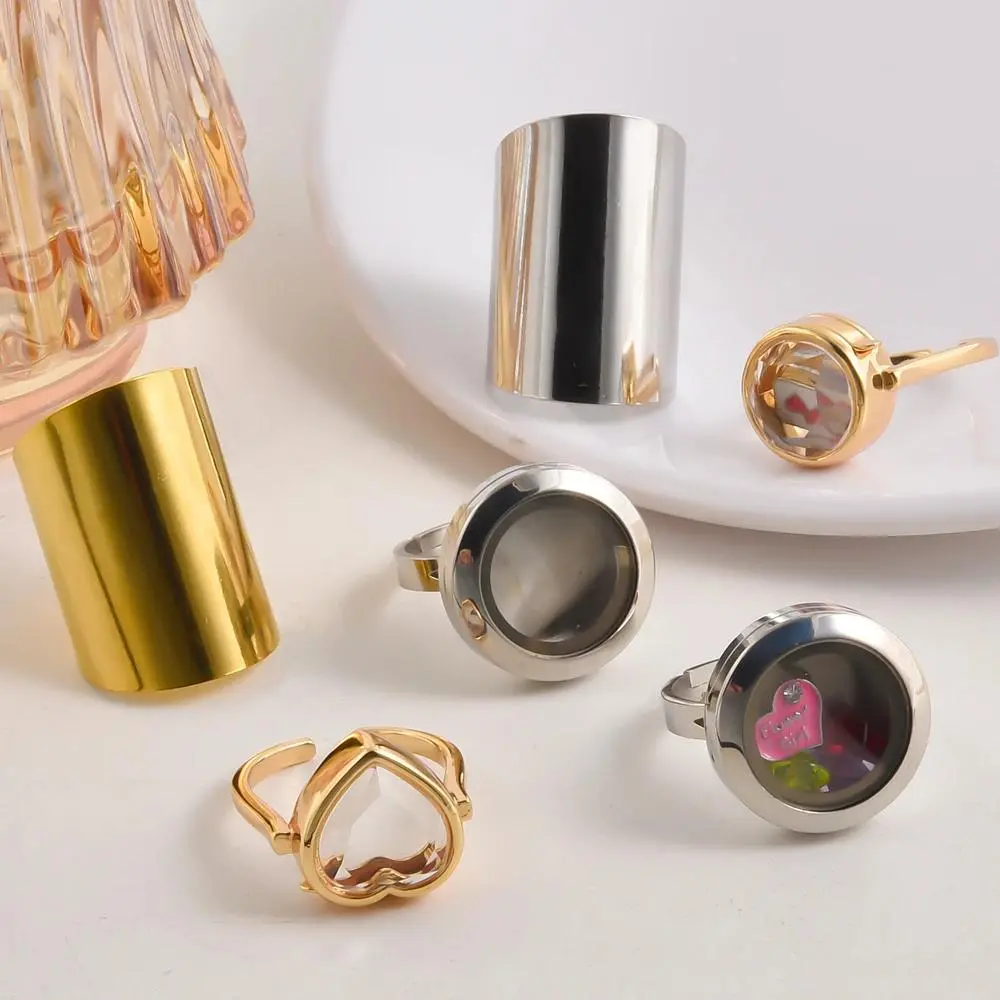 1Pc Trendy  Openable  Heart Double Curved Cremation Urn Memory Locket Open Rings Round Glass Floating Relicario Anillos Jewelry