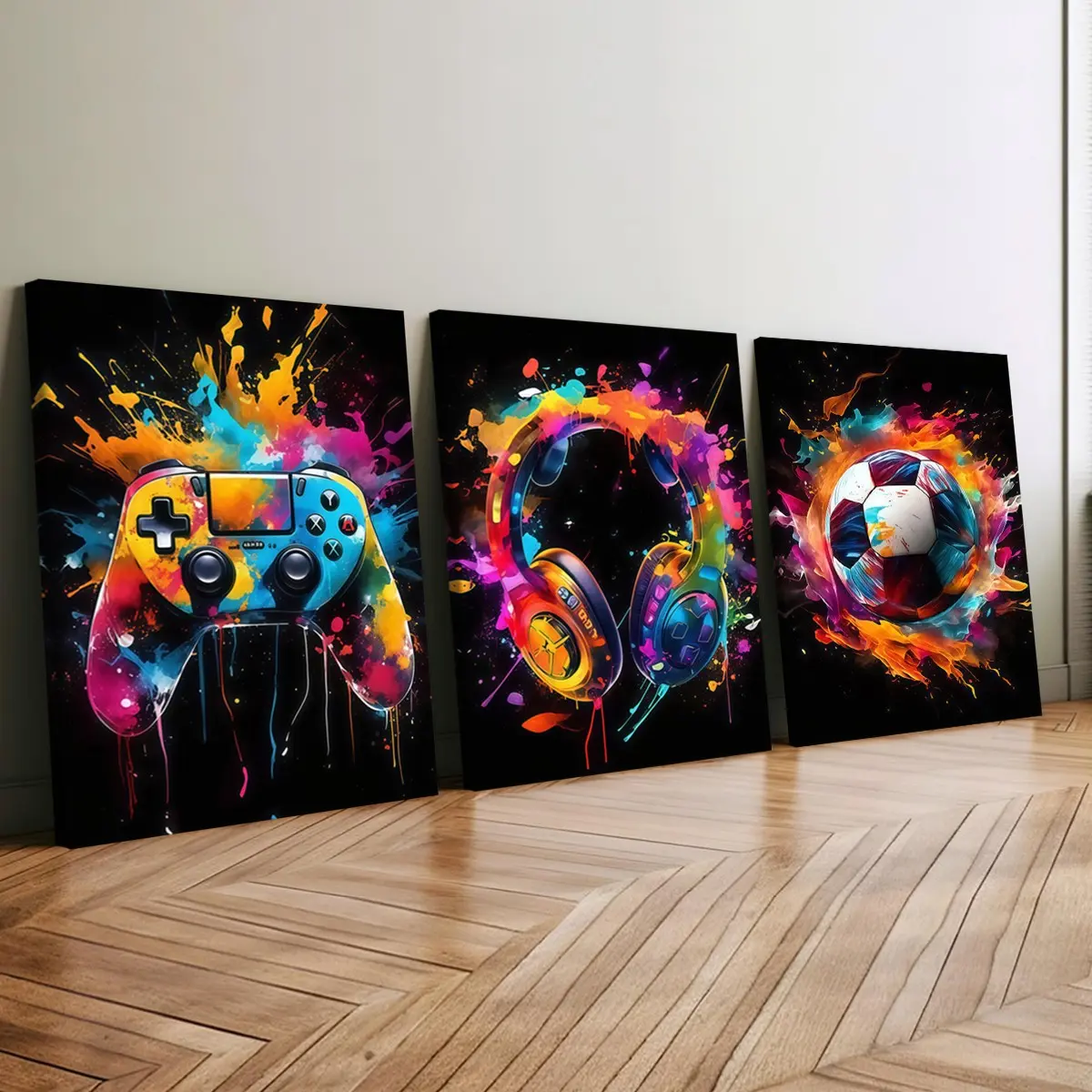 3-Pack Wood Frame Canvas Posters, Neon Gaming Controller Decor, Modern Living Room Art, Waterproof, No Odor, Ideal for Home Office