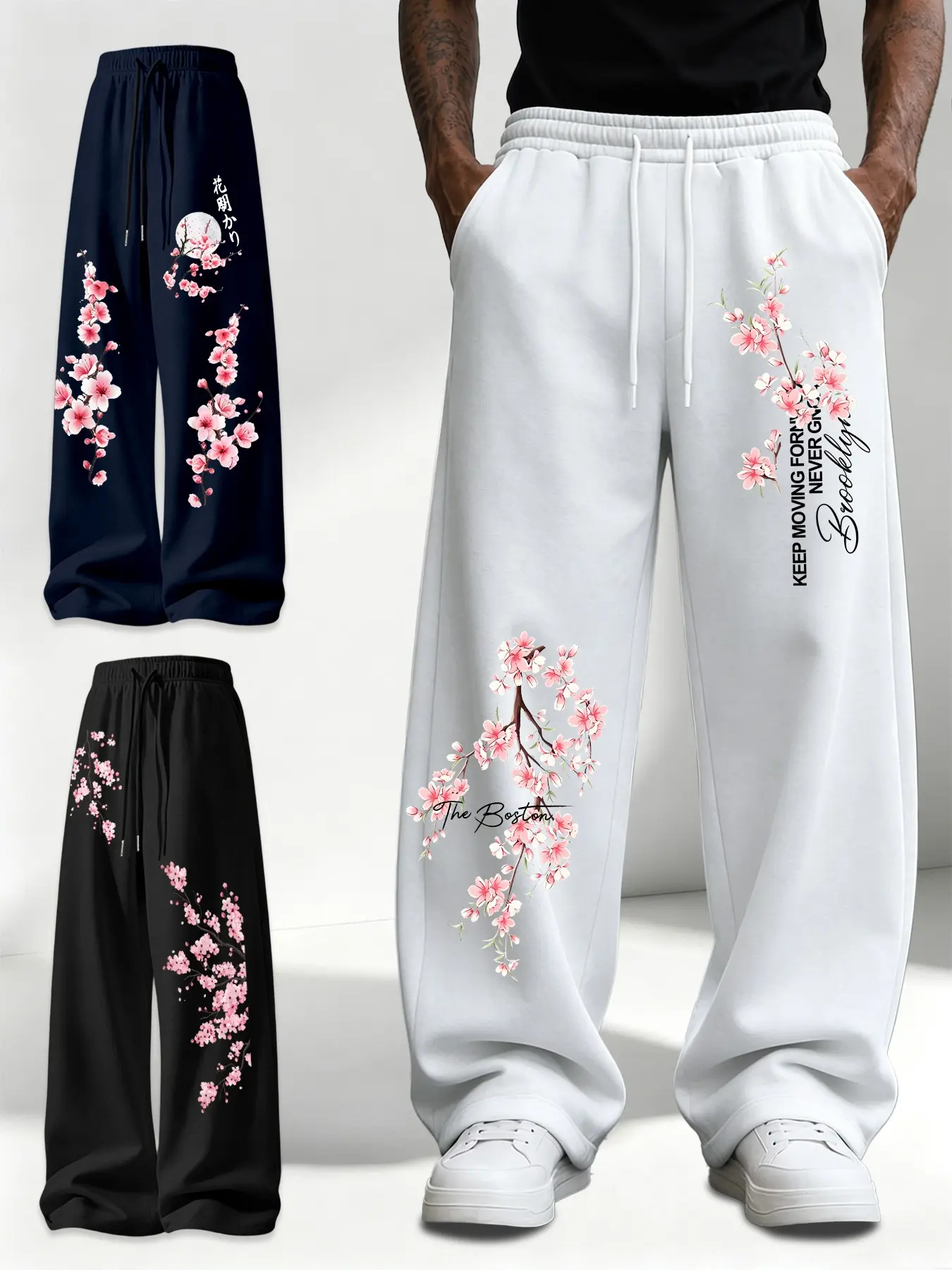 Men's Three-Piece Set Cherry Blossom Print Drawstring Wide-Leg Sweatpants, Japanese Style, Loose Fit, Streetwear, Casual Long Pants