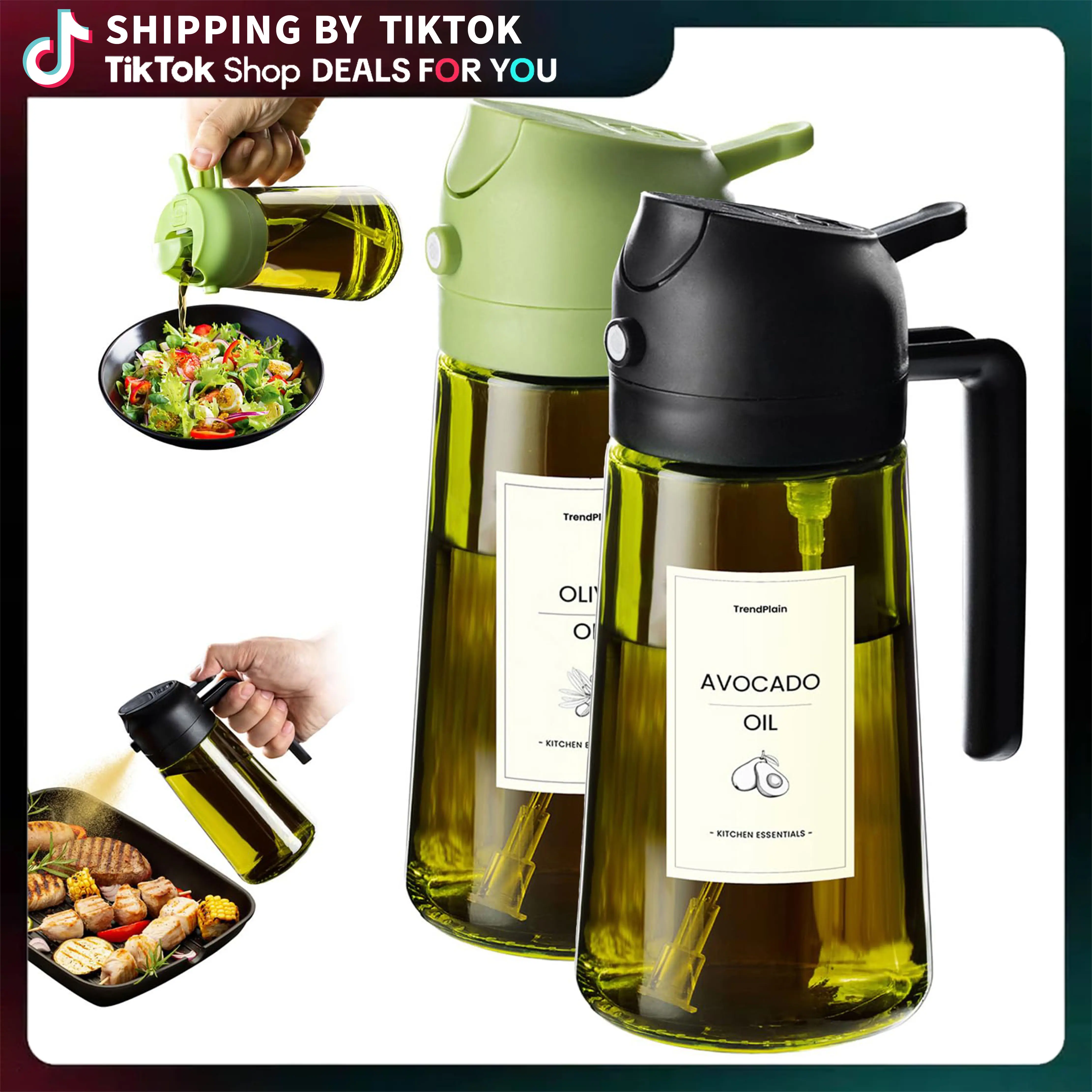 16oz/470ml Light Blocking Oil Sprayer for Cooking with Stickers, Food-Grade 2 in 1 Olive Oil Dispenser Bottle for Kitchen, Premium Dark Green Glass Oil Bottle for Air Fryer, BBQ