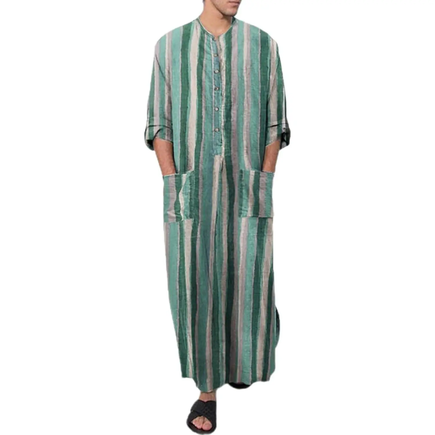 Lu's Chic Men's Casual 3/4 Sleeve Full-Length Animal Print Cotton Kaftan Robe - Large, Loose, Colorblock, Vintage Thobe Design, Buttoned, Pocketed, Multiple Colors, Various Sizes House Coat, Crew Neck