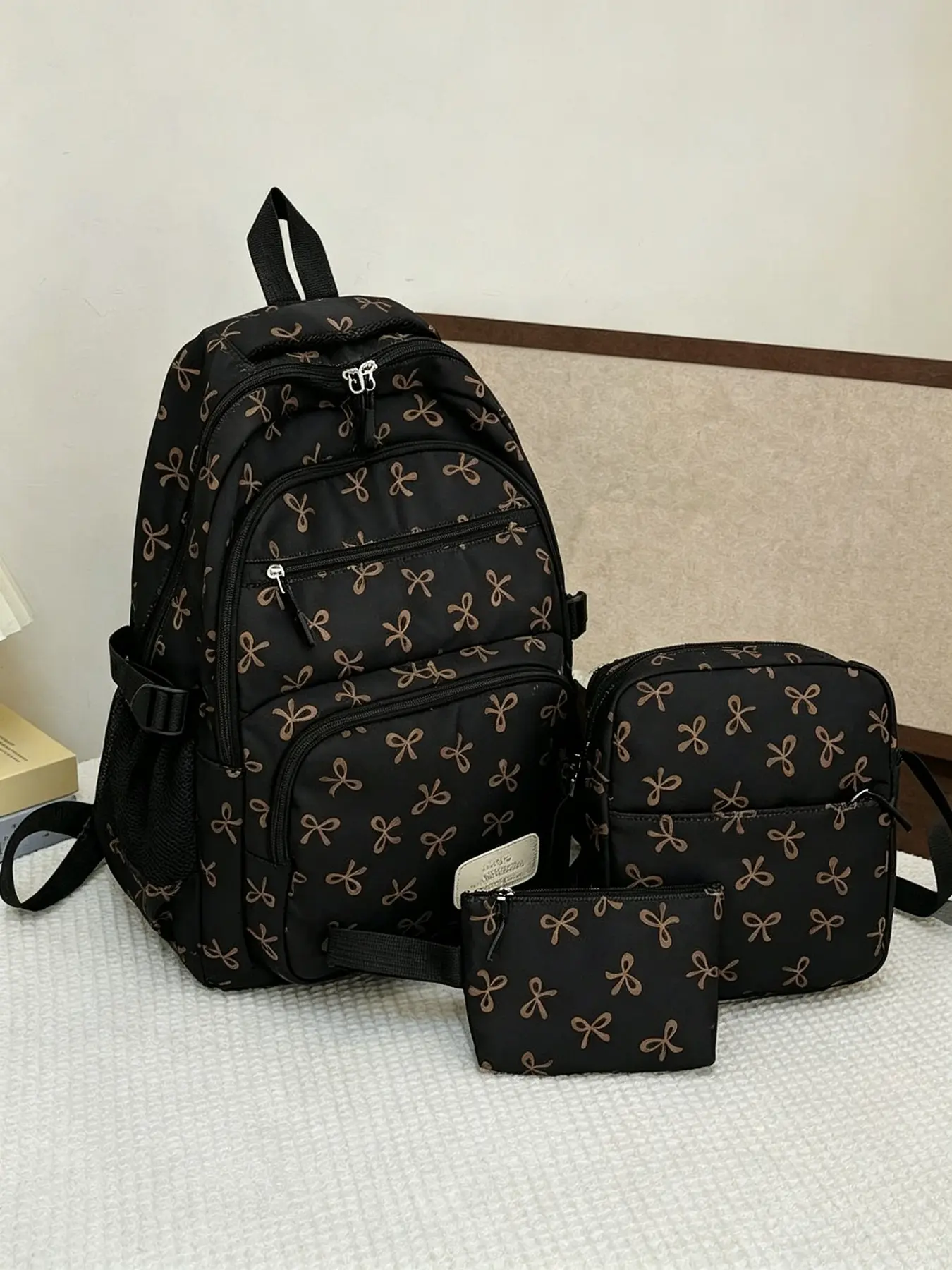 3 Pack Black Nylon Bowknot Printed Multi - Pocket Foldable Waterproof Zipper Backpack Teenagers High School College Students Graduation Daily Commute Shopping Travel Valentine's Day Gift