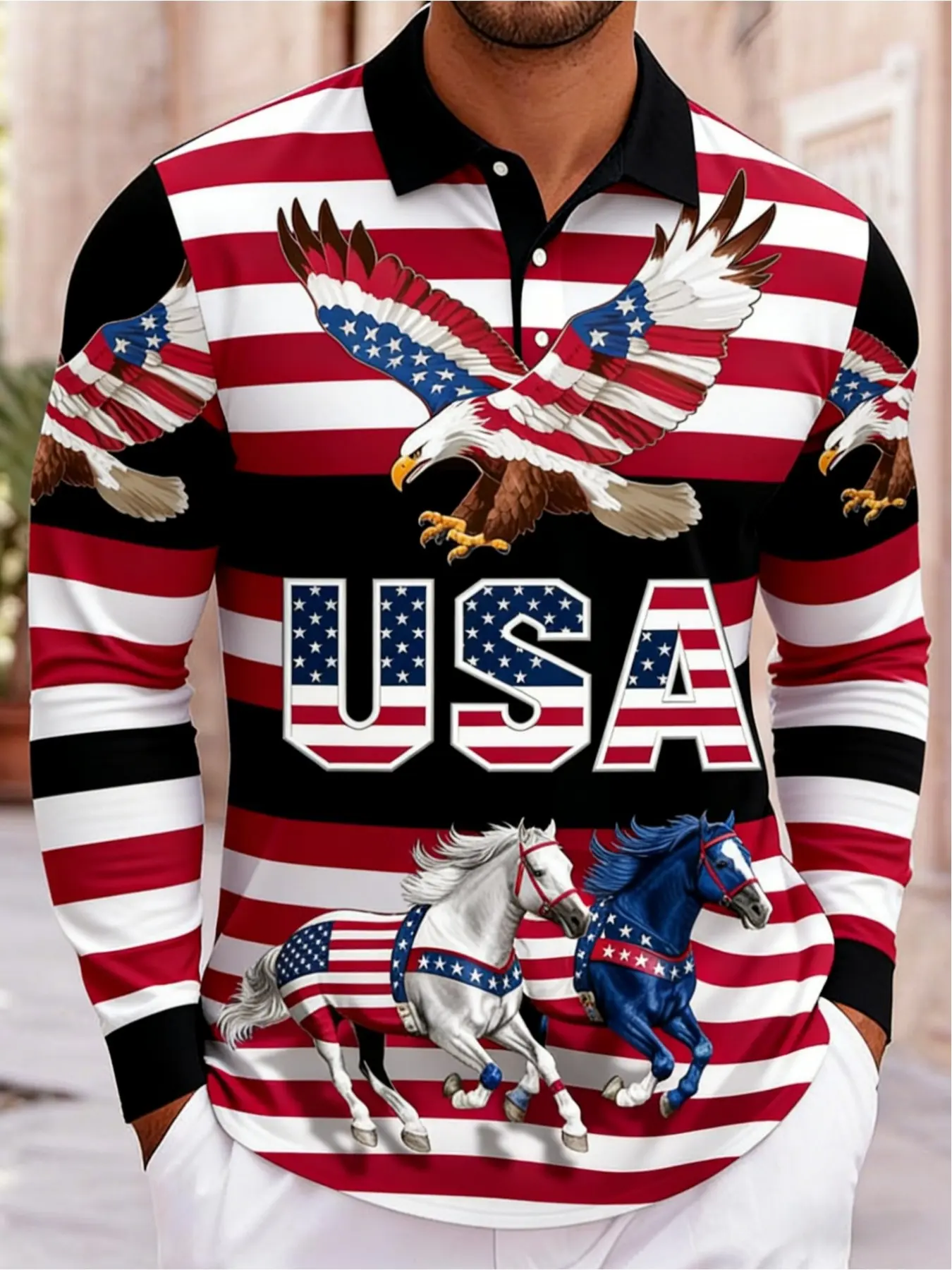 American Flag Pattern Men's Long Sleeve Classic Knitted Polo Shirt, Patriotic Casual Top, Trendy Graphic Collar T-Shirt, Spring & Fall Fashion