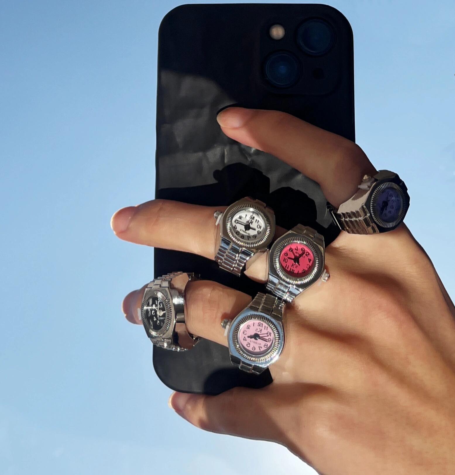 Silver Square Basic Fashion Women's Ring Mini Dial Watch Simple Elastic Strap Timely Ring Watch