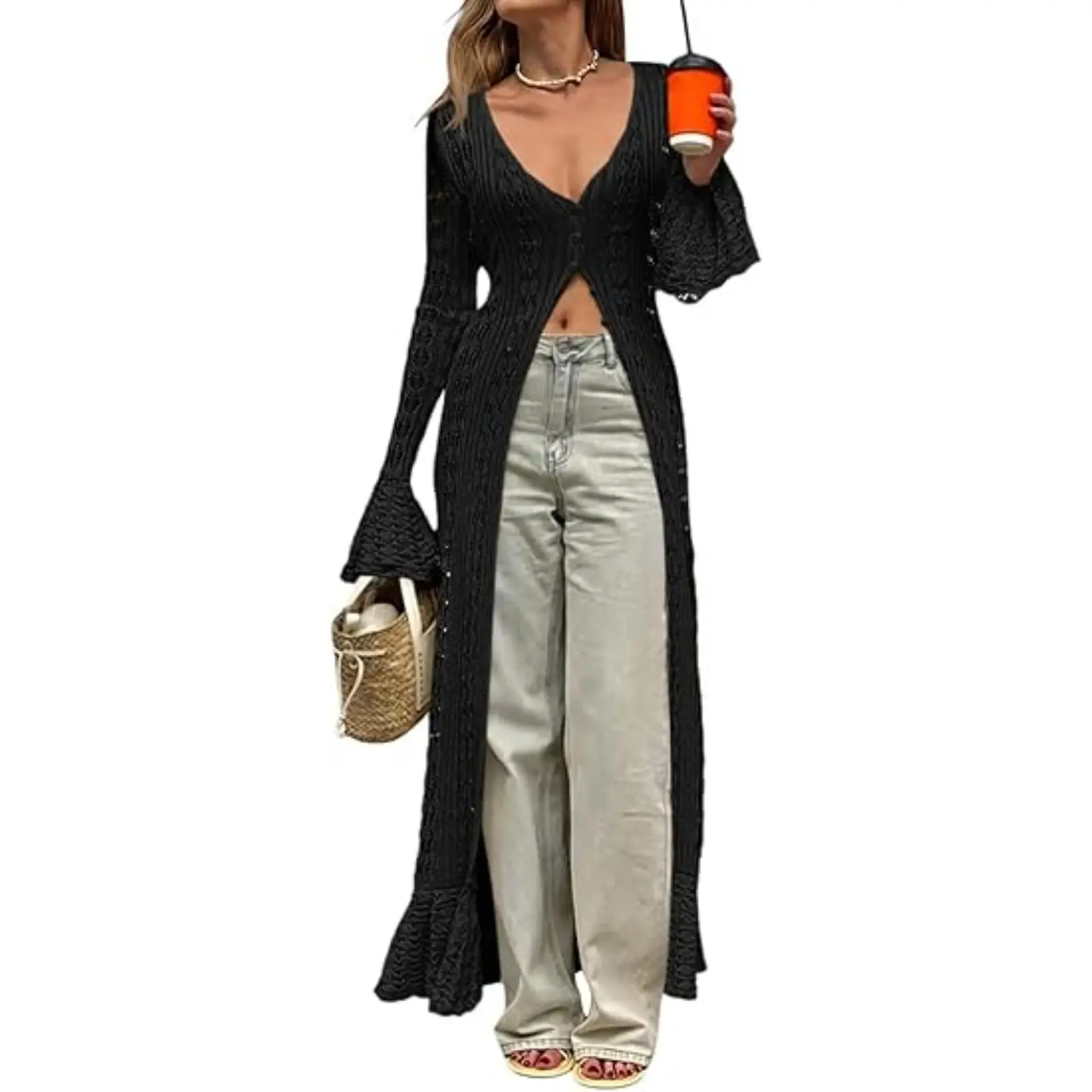Saodimallsu Lady Cardigan for Women, Boho Crochet Knit Duster with Long Bell Sleeves, Ruffle Detail, Button Front Beachwear Cover Up, Long Sleeve, Fabric