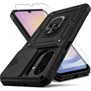 for Samsung Galaxy A17 5G Phone Case, Built in Slide Camera Lens Cover+Finger Ring Holder Kickstand+Screen Protector, Heavy Duty Shockproof Full Body Protective Case, Black