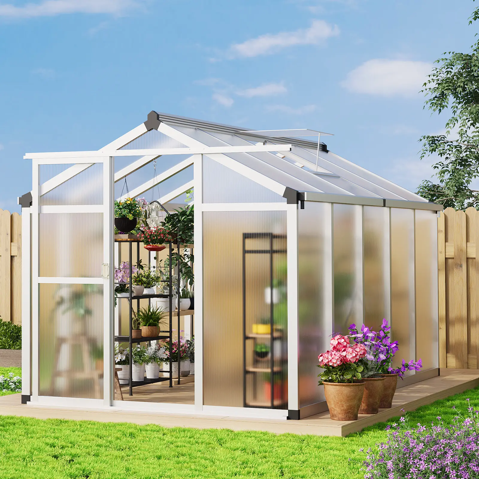 6×6/8/10FT Outdoor Greenhouse, Polycarbonate Greenhouse With Sliding Door and Ajustable Roof Vent, Aluminum Large Walk-In Greenhouse for  Garden, Backyard