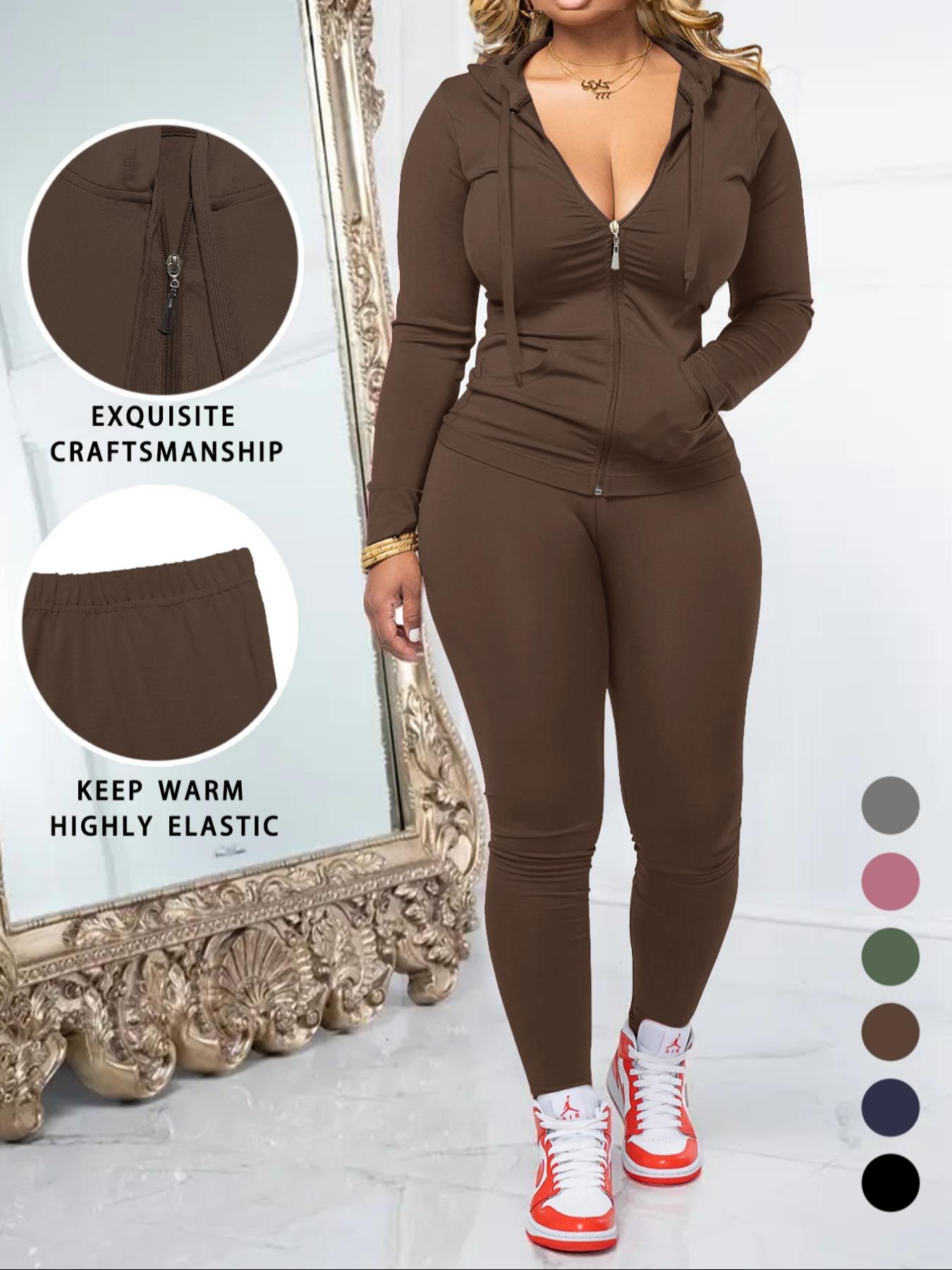 Women's Fall Zipper Hoodie and Skinny Pants Set, Casual Long Sleeve Outfit with Pocket Design, Two-Piece for Daily Wear