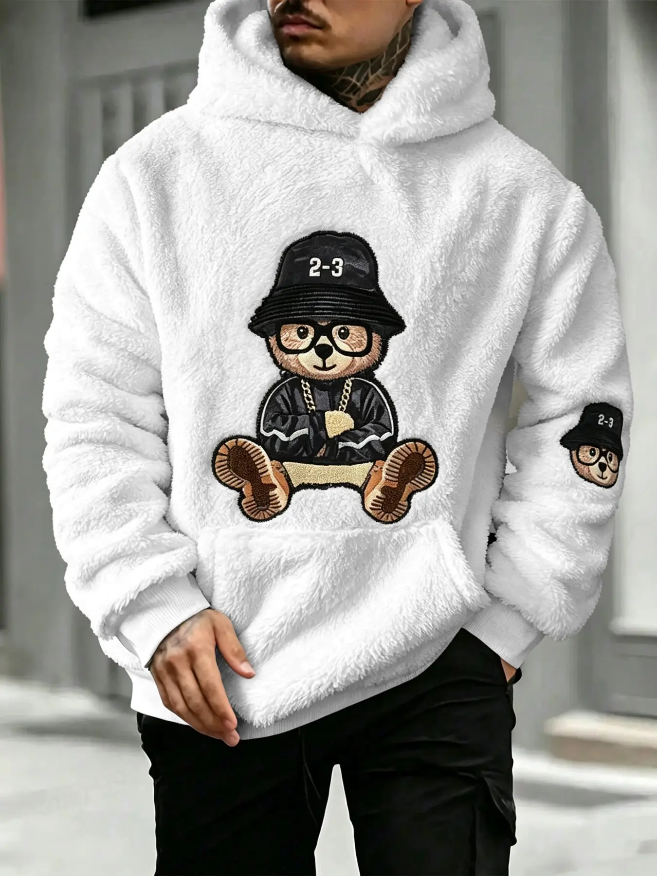 Men's Cartoon Bear Embroidery Pocket Fuzzy Knitted Hoodie | Fitted Long Sleeve Hooded Sweatshirt | Casual Fall Winter Daily Wear Top for Men