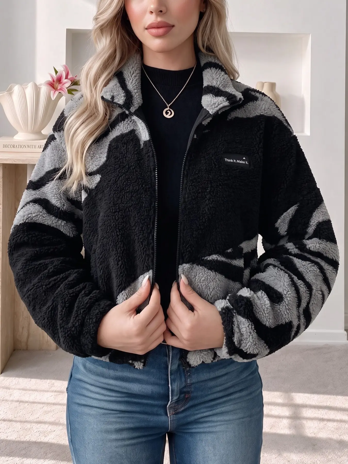 Women Zebra Striped Fleece Cropped Jacket Stand Collar Full Zip Up Warm Sherpa Coat Loose Casual Thick Plush Outerwear Vintage Streetwear Y2K Fashion Long Sleeve Windproof Daily Autumn Winter Trendy Fluffy Short Fuzzy Jacket
