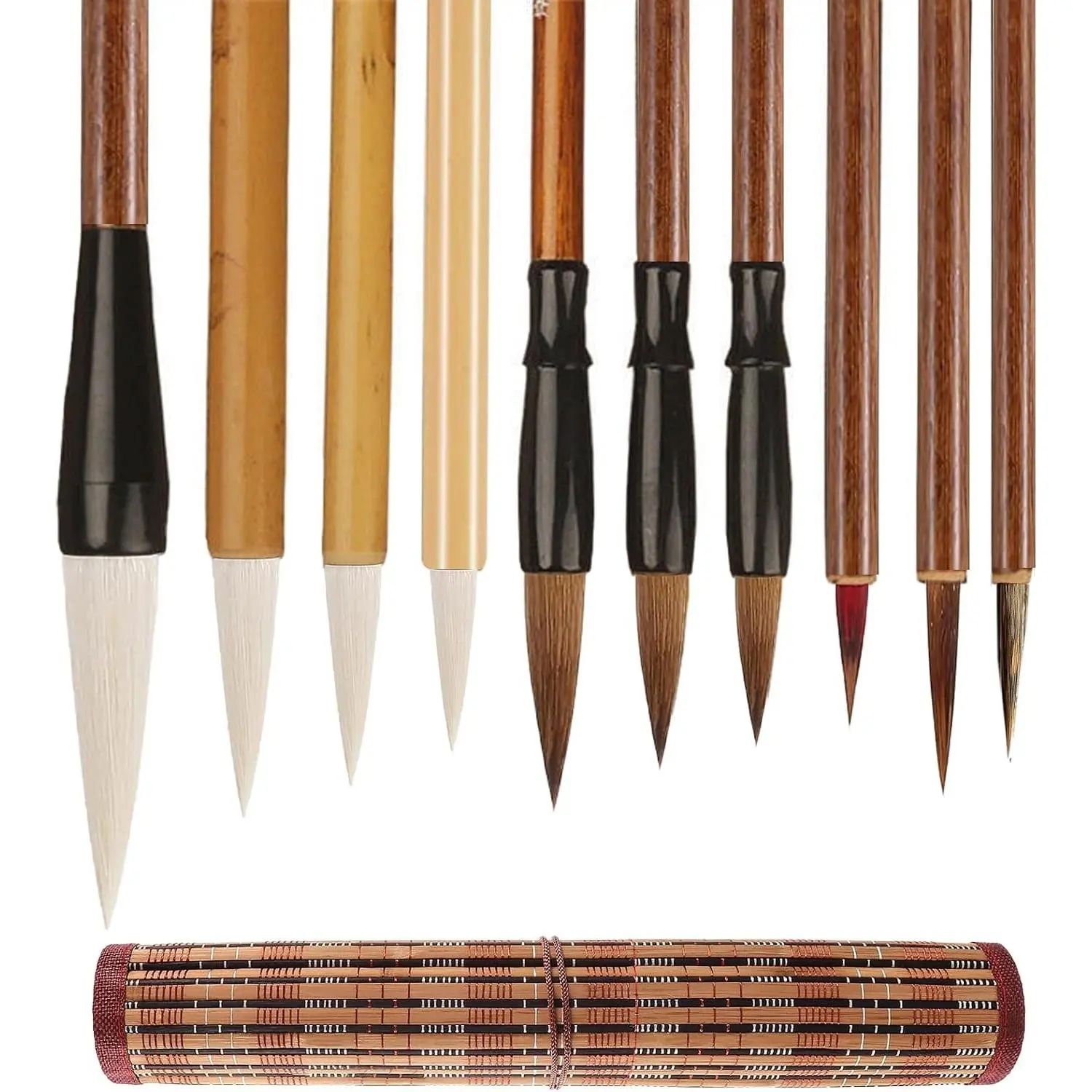 10-Piece Chinese Calligraphy Brush Set - Premium Writing Brushes for Beginners & Artists - with Roll-up Bamboo Brush Holder,Chinese Painting Brushes Set Flower Bird Line-Drawing Brushes