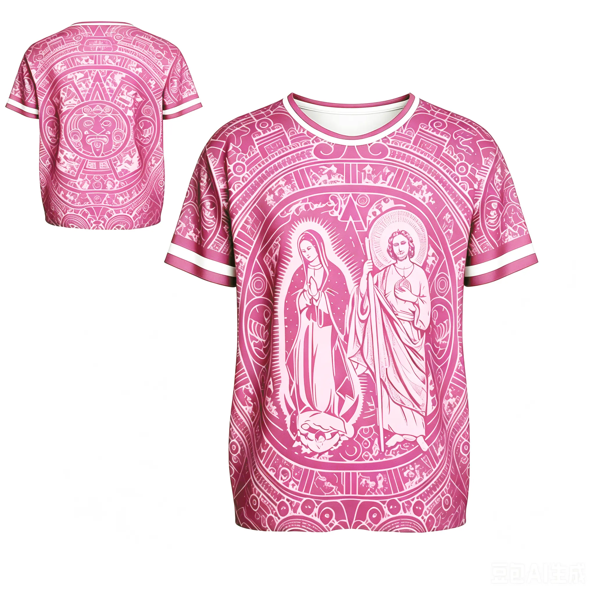 Unisex Religious T-Shirt with Virgin Mary & Saint Jude, Aztec All Over Print Streetwear, Breathable Classic Crew Neck Jersey