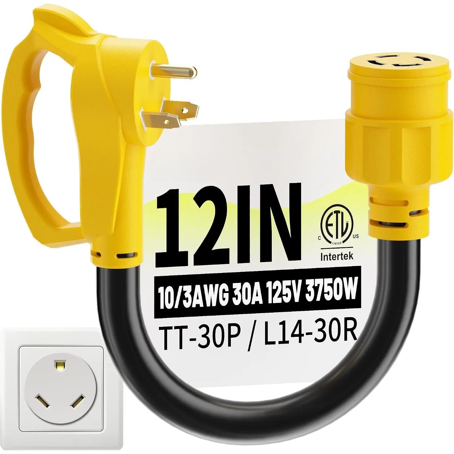 30 Amp to 30 Amp RV Generator Plug Adapter 1FT, 30A 125/250V 3750W | NEMA TT-30P to L14-30R 12 inch, Heavy Duty Adapter Cord Yellow with Twist Lock Plug, Flame-Resistant STW 10/3AWG, ETL Listed