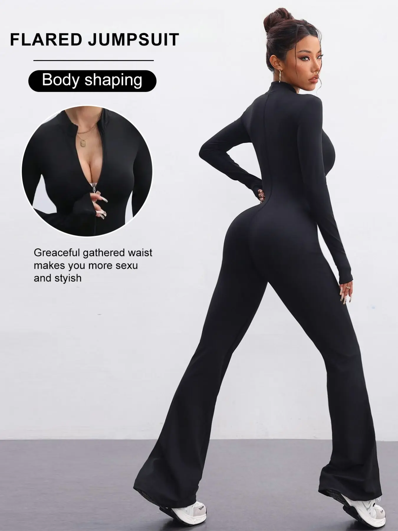 Women's Slim-Fit Yoga Activewear Jumpsuit, Long Sleeve V-Neck Thumbhole Design, Perfect for Spring Autumn, Outdoor Gym Workout, Fit Jumpsuits