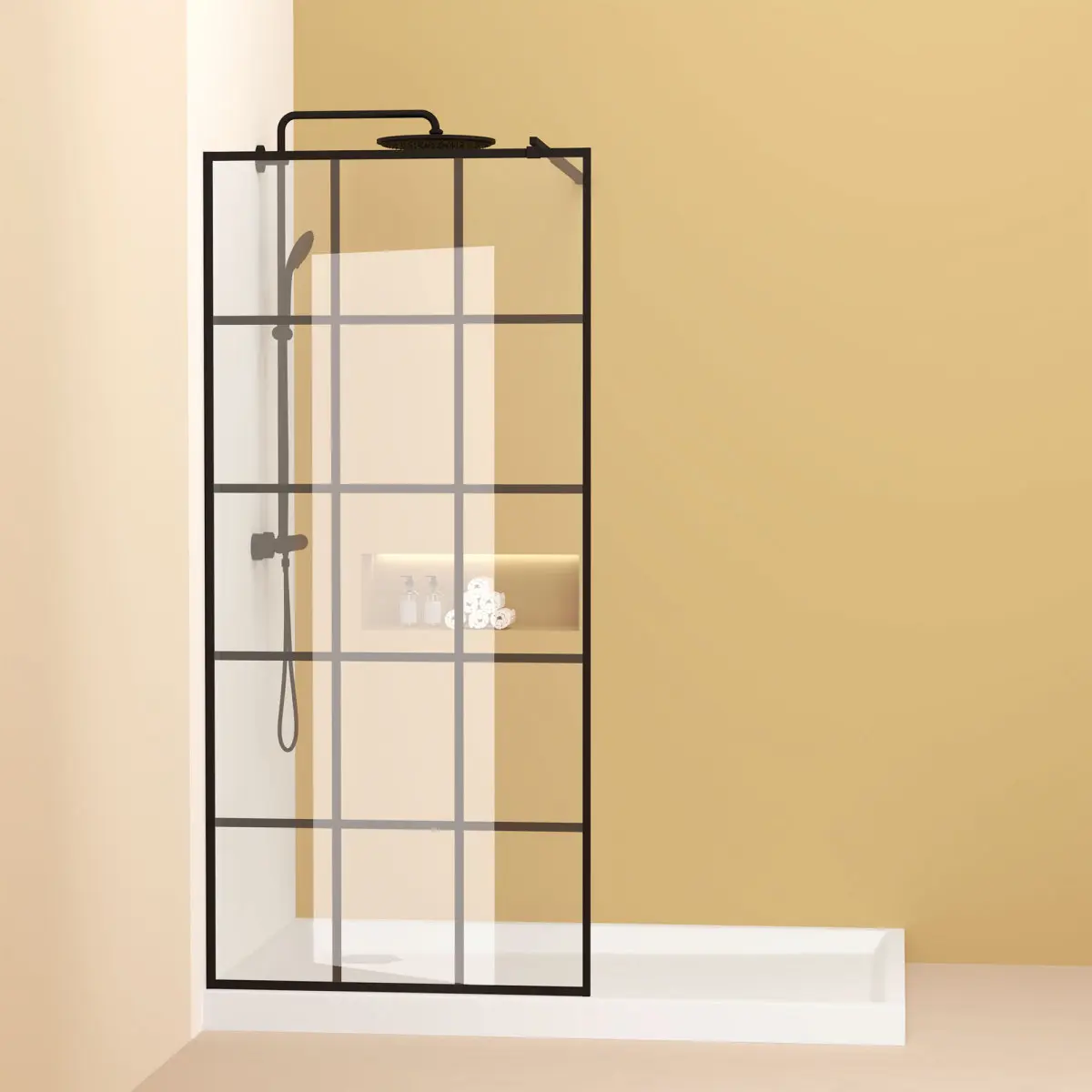 Framed Doorless Shower Partition, 34.00x72.00 in Grid Pattern Single Shower Screen, 6mm SGCC Tempered Silk Printed Glass, Rustproof Aluminum Frame, Adjustable Support Rod, Stainless Steel Wall-Mounted Water Barrier for Humid Bathrooms, Tempered Glass