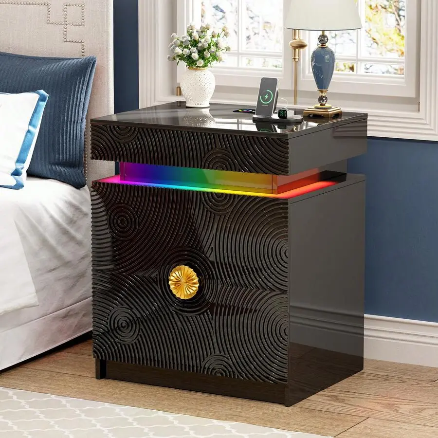 Smart LED Nightstand with Auto Sensor, USB&Type-C Ports, RGB Light, Lockable Hidden Drawer, 2 Drawers, Adjustable Mobile Design, Sturdy Base, Multi-Use for Bedroom Office Gaming Desk