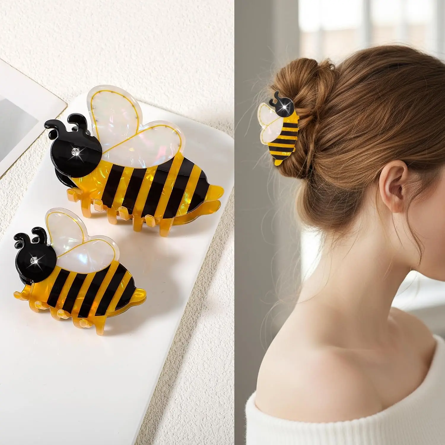 2 Sizes Honeybee Claw Clips, 2 count  Hair Clip Rhinestones Funny  Hairs Accessories Non-slip Cute Acetate  Clips Honeybee Accessories for Women Girls