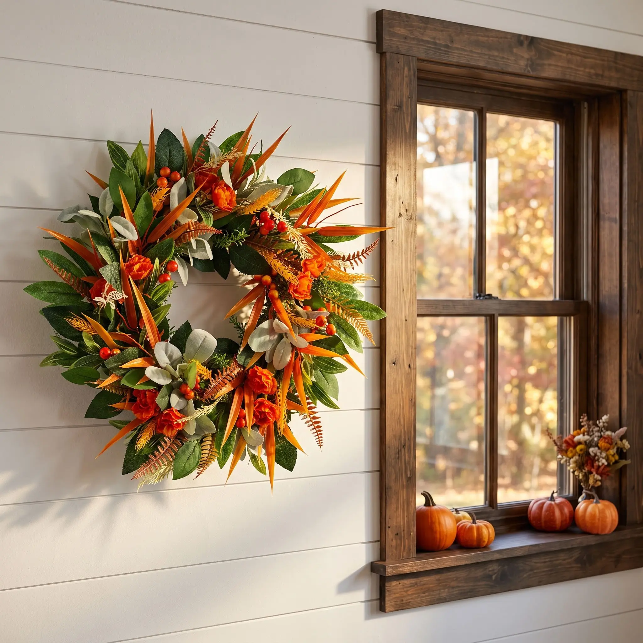 18-Inch Autumn Wheat Hydrangea Wreath, Floral Wreath, Fall Harvest Door Wreath, Front Door Wreaths, Neutral Farm Style Thanksgiving Home Decor, Outdoor Use