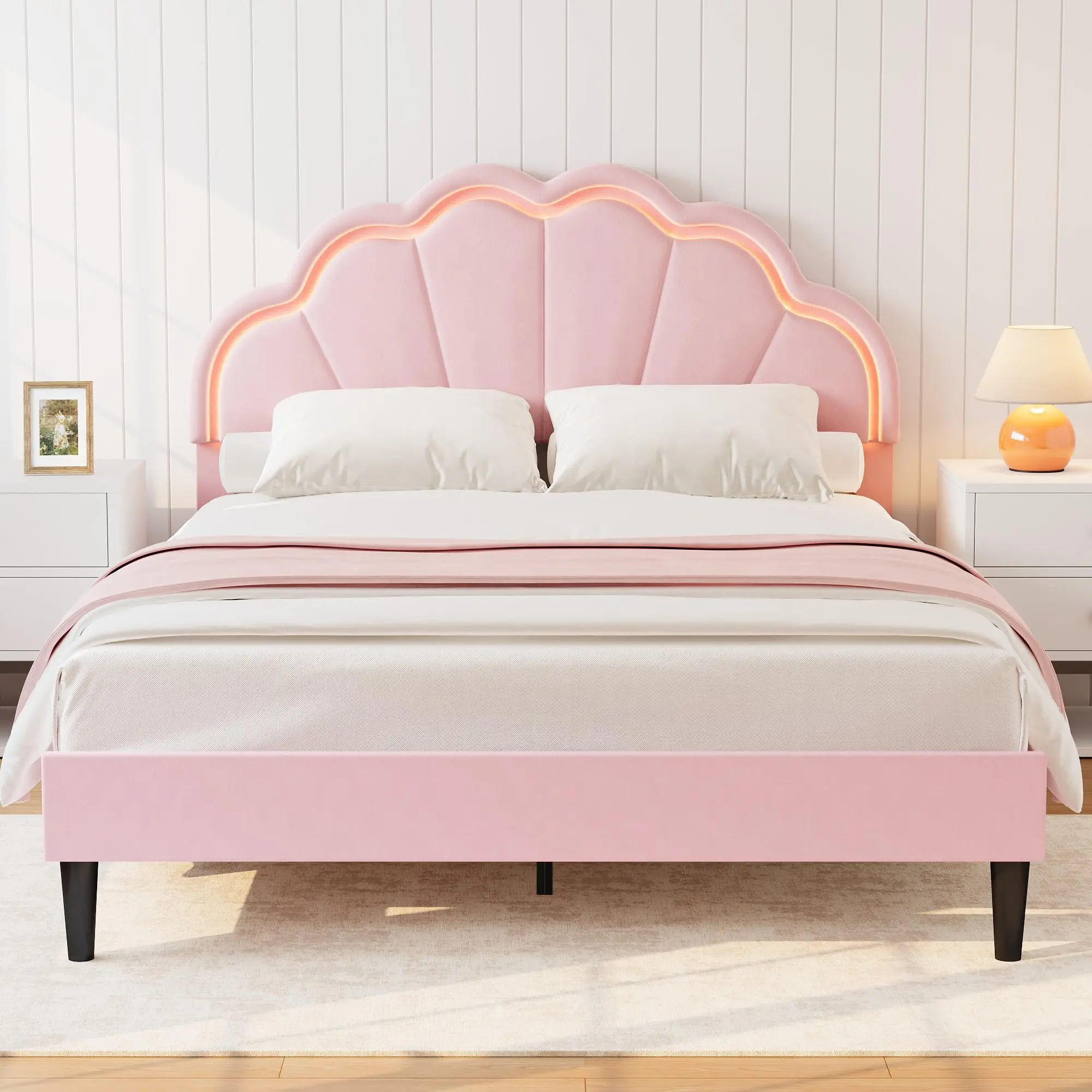 Princess Upholstered Platform Bed with Unique Scalloped Flower Headboard , LED Bed Frame, No Box Spring Needed, Easy Assembly, Pink Velvet Bed,Teen Girl Bedroom, Bedroom Decor