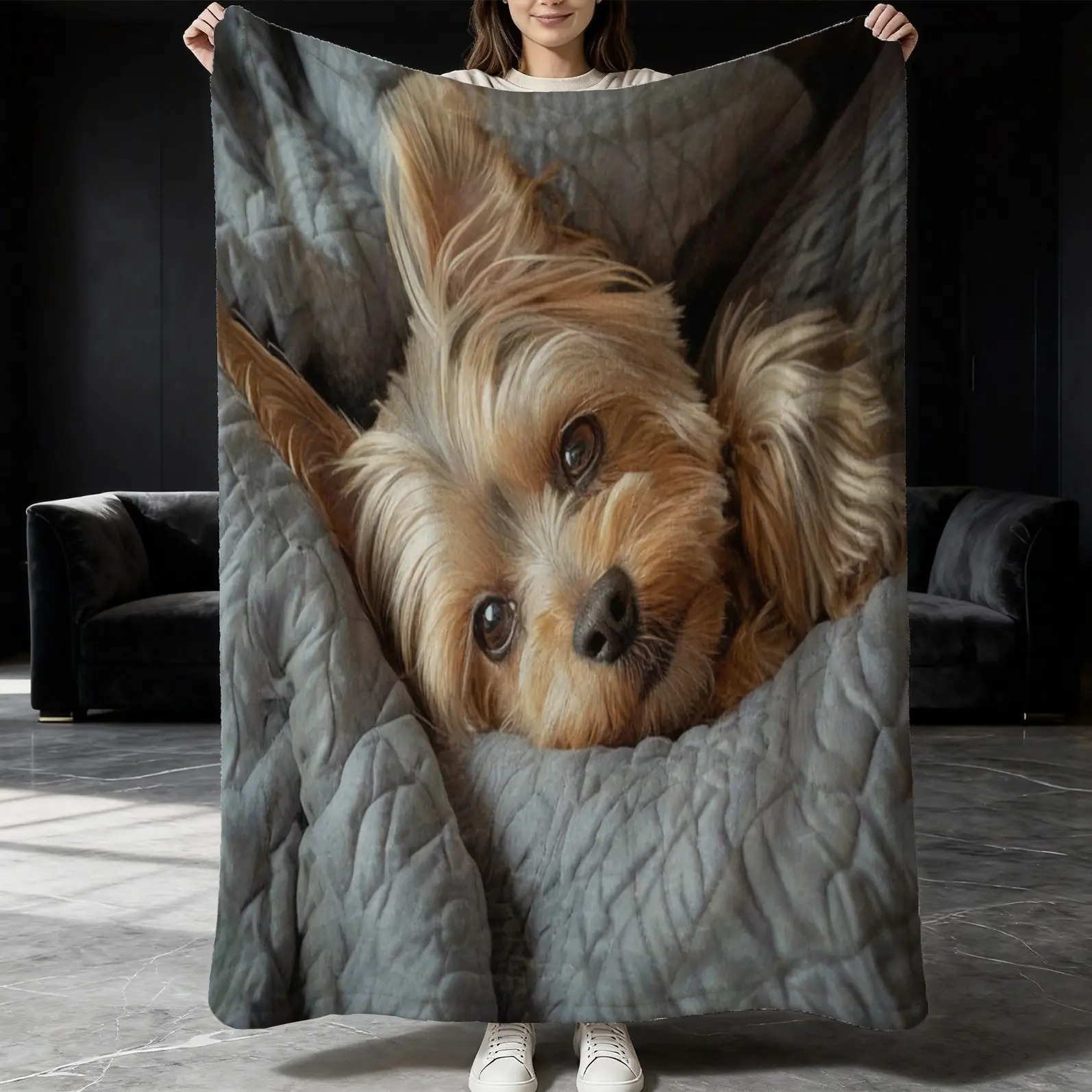 1pc cute Yorkshire dog printed blanket, air conditioning cover blanket, bed blanket, sofa blanket, nap blanket, favorite of dog lovers, soft and warm flannel bedding, essentials for home travel, best gift choice for gifts, suitable for all seasons, multi-
