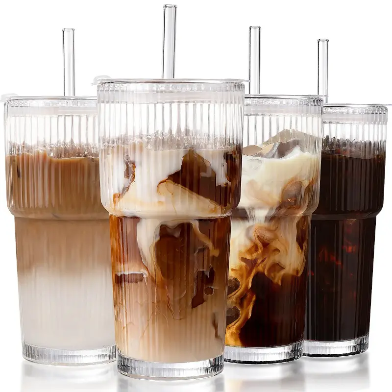 2/4pcs Stylish Vertical Stripes Thickened Glass Coffee Cups , Leak-Proof Tumblers for Iced Coffee, Cocktails, Beverage Use, Iced Coffee Glasses (Back to School, Family Gatherings)
